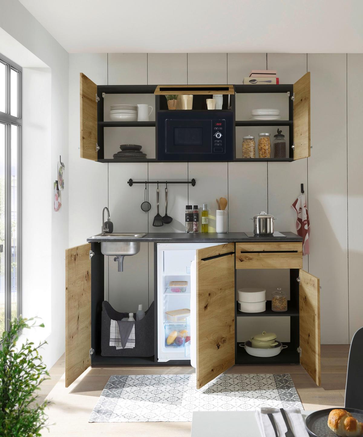 Konyhablokk Gépek Nélkül Jazz Single Z 160 Oak - barna/fekete, Trend, műanyag/faalapú anyag (160cm)