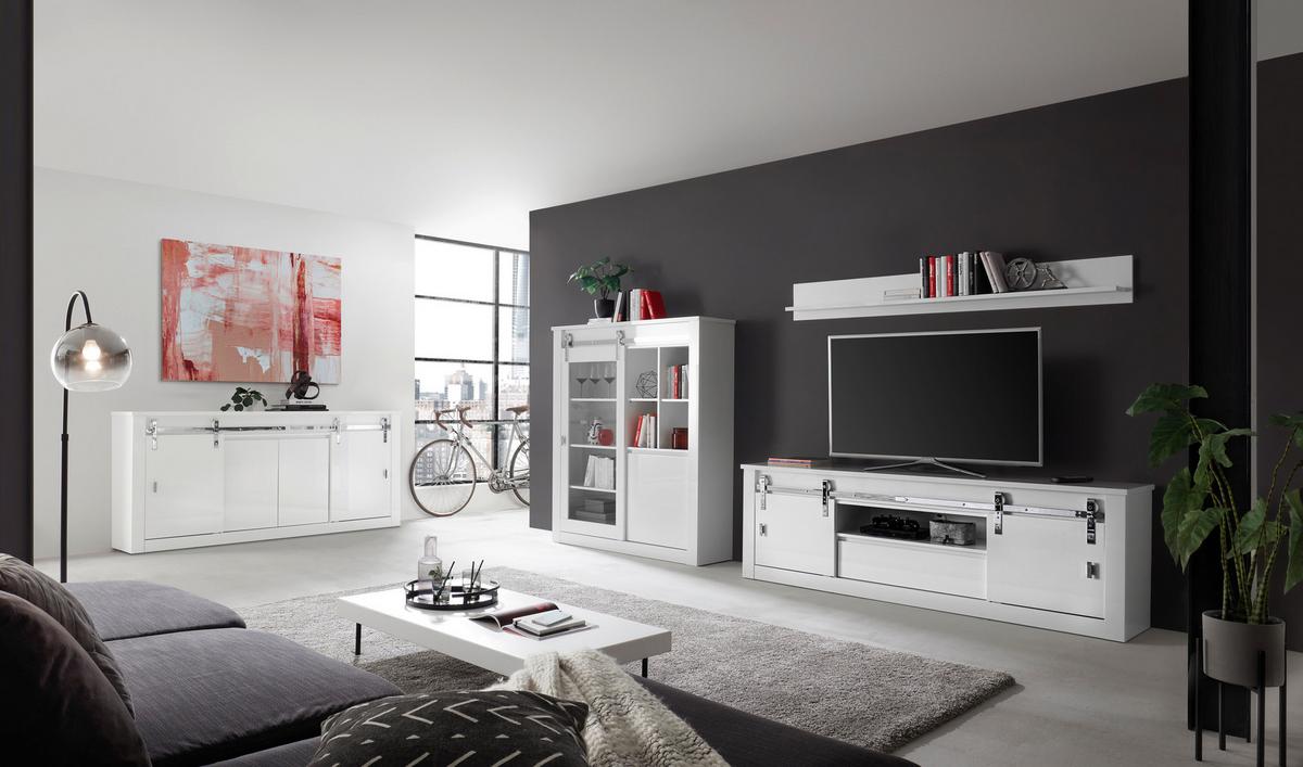 Wohnwand Daytona Weiß Hochglanz, 3-teilig - Chromfarben/Weiß Hochglanz, Design, Holzwerkstoff/Metall (349/170/43cm) - Livetastic
