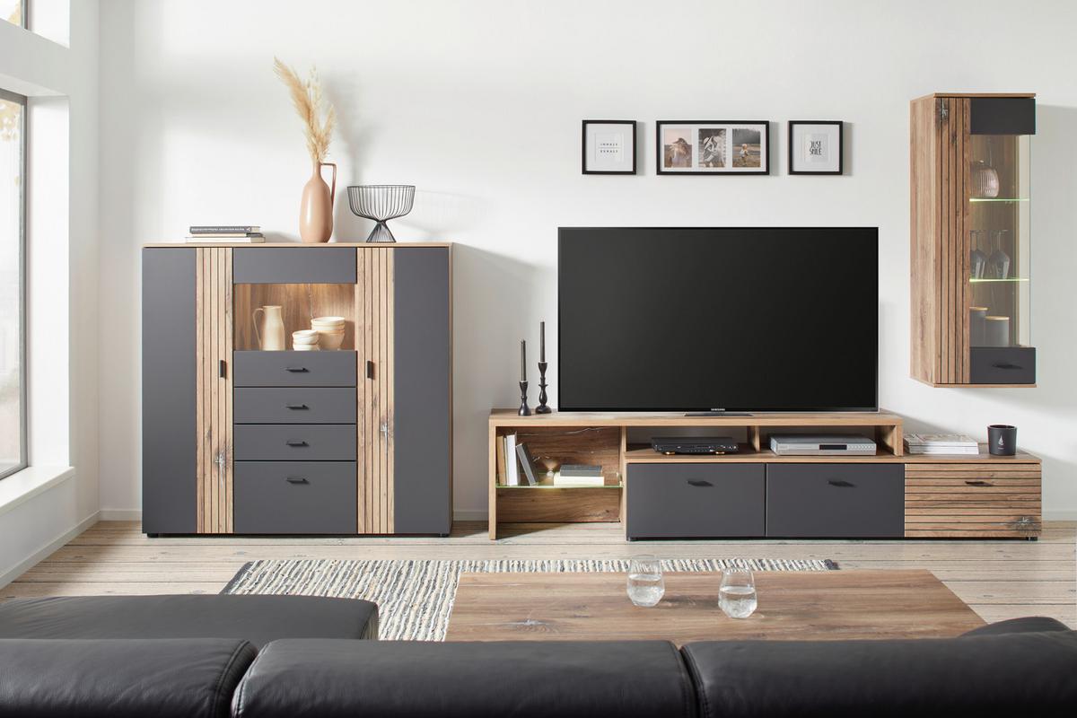 Hängevitrine in Grau/Natur - Schwarz, MODERN, Glas/Holzwerkstoff (45/129/38cm) - Mömax