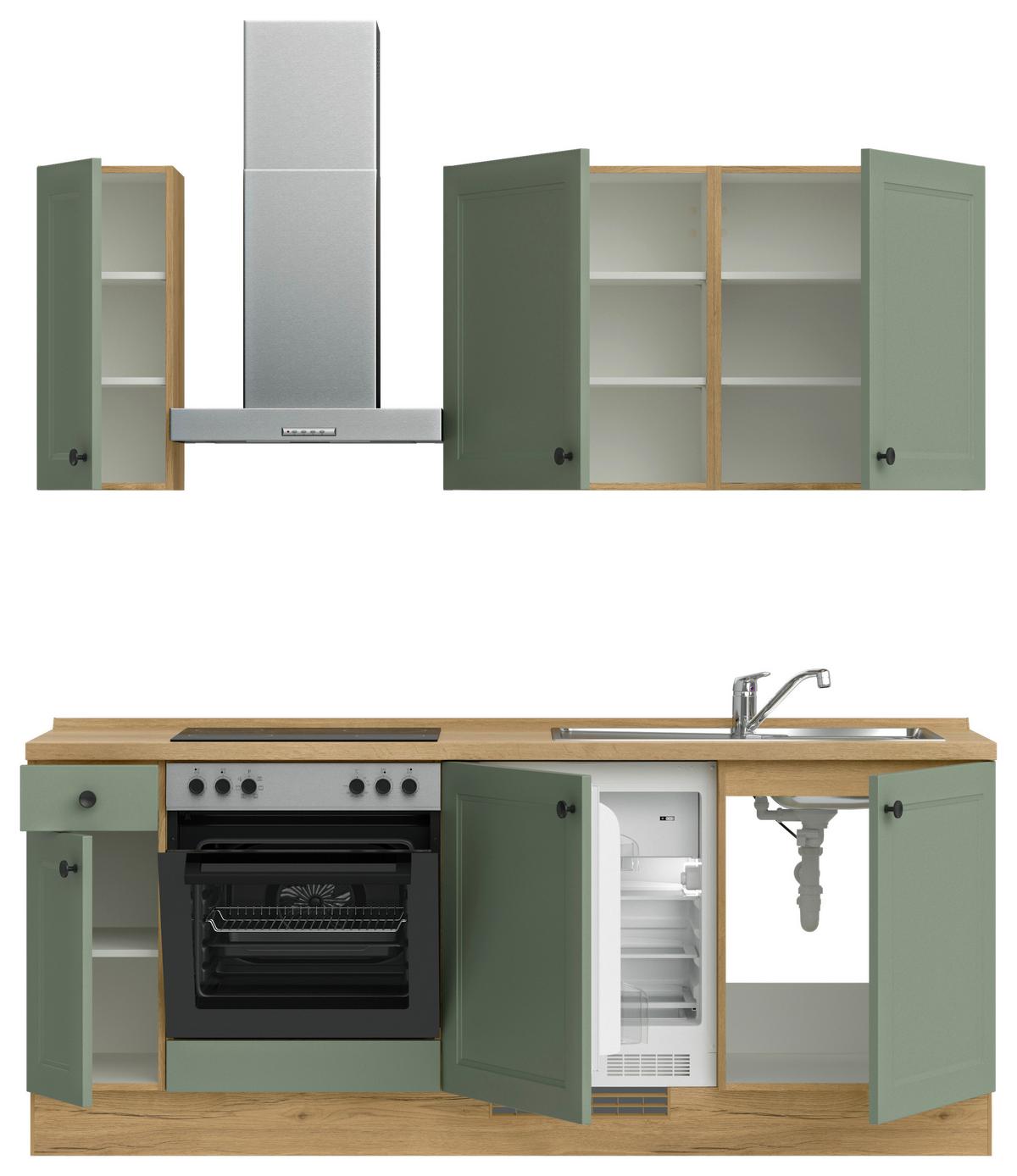 Küchenblock Cascada Low m. Geräten Schilfgrün - Schilfgrün/Eichefarben, MODERN, Holzwerkstoff/Metall (210cm) - Nobilia