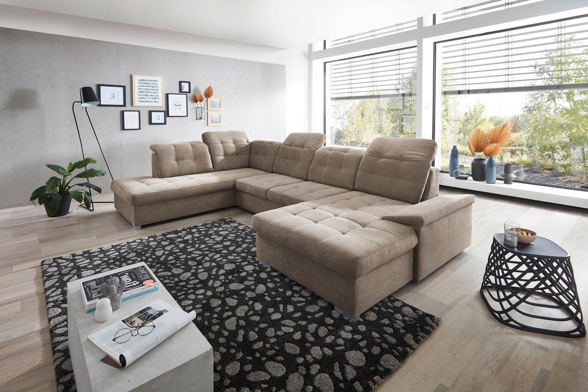 Wohnlandschaft Zira Taupe Nylon/Mikrofaser - Taupe/Chromfarben, Design, Kunststoff/Textil (212/330/169cm) - Livetastic