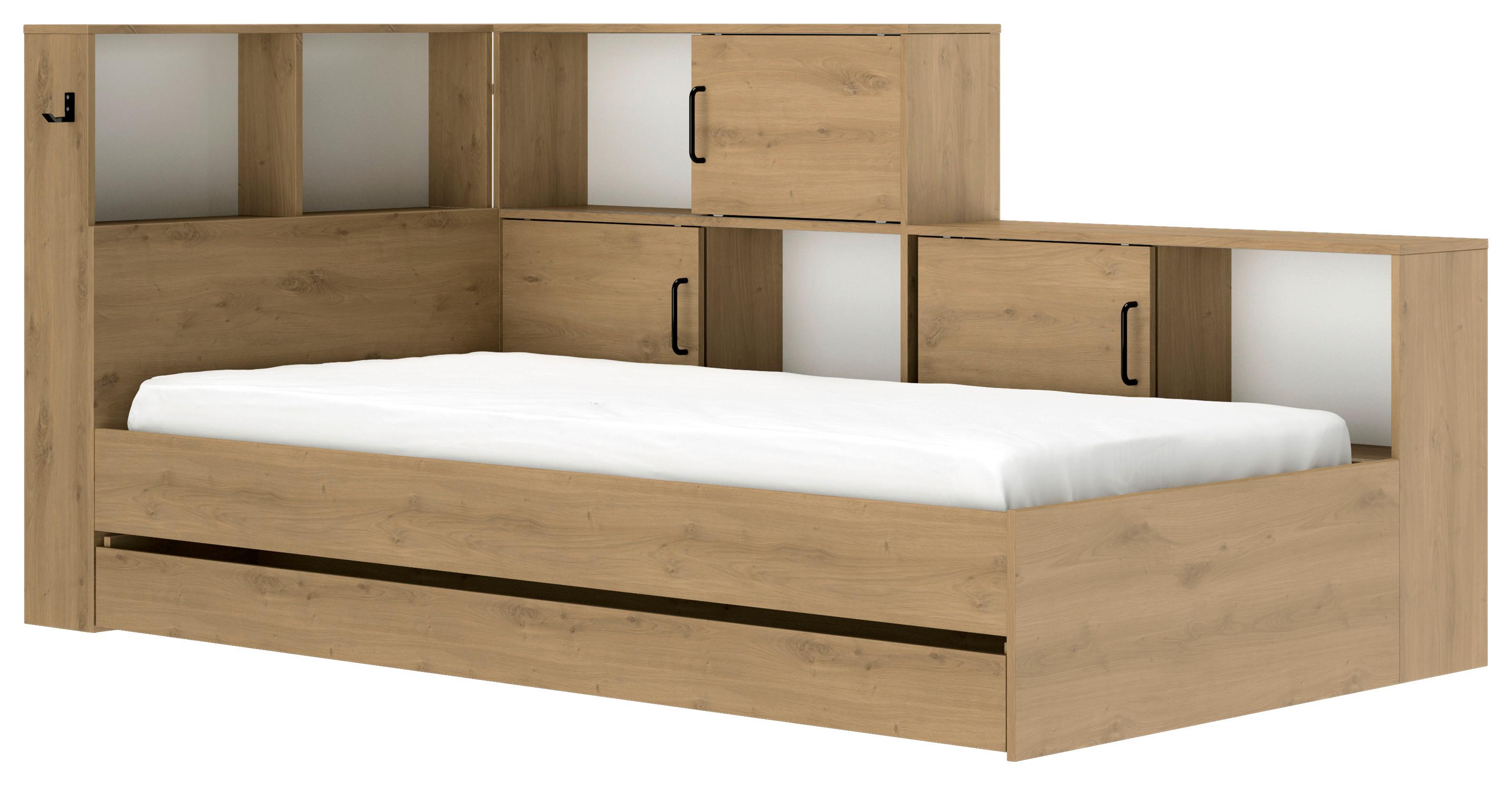 Postelja S Predalom Erwan, Barva Hrasta, 90x200cm - bela/hrast artisan, Moderno, leseni material (90/200cm) - MID.YOU