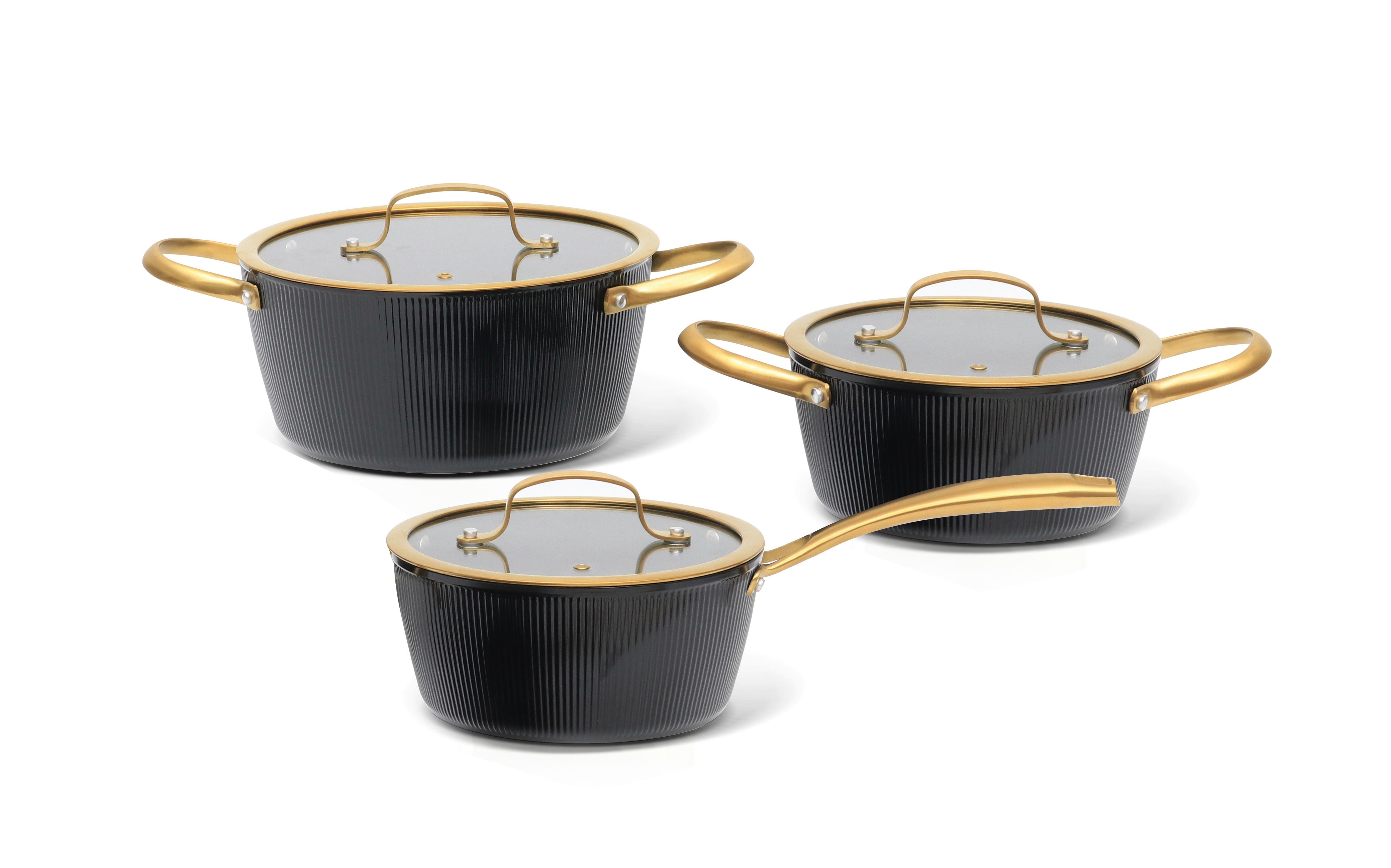 Kochtopfset Goldy Schwarz/Goldfarben, 6-teilig - Klar/Goldfarben, MODERN, Glas/Metall - Mömax