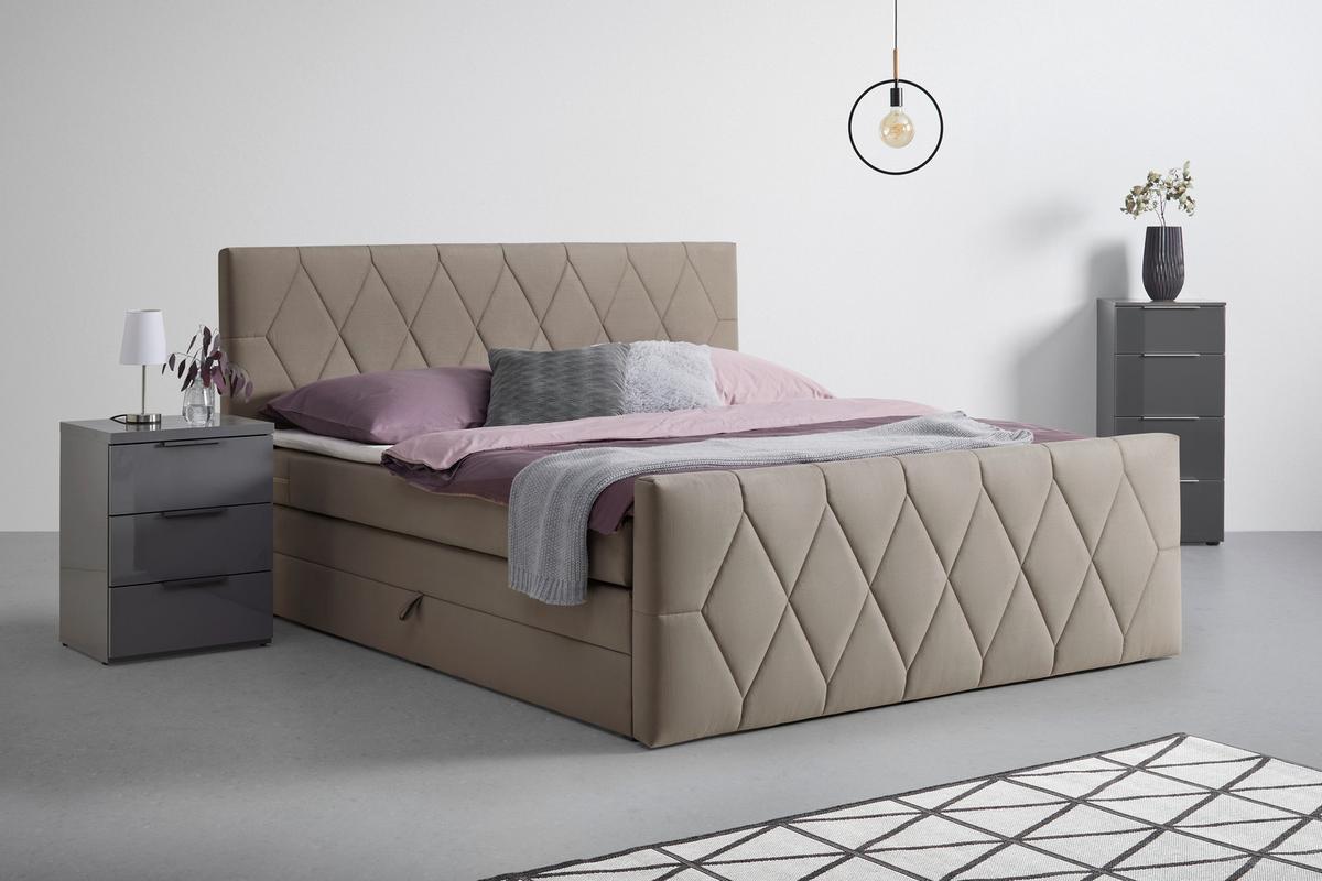 Postelja Boxspring Josie B, Bež, 180x200 - črna/bež, Konvencionalno, umetna masa/leseni material (180/200cm) - Mömax