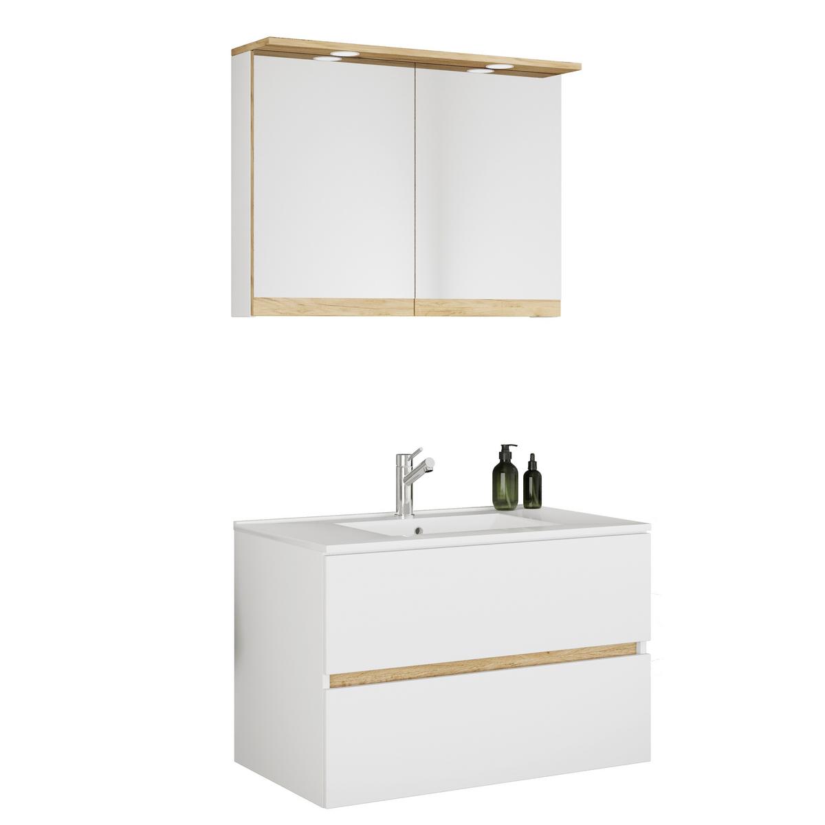 Badezimmer Cosila - Honigeiche/Weiss, Trend, Keramik/Holzwerkstoff (81cm) - MID.YOU