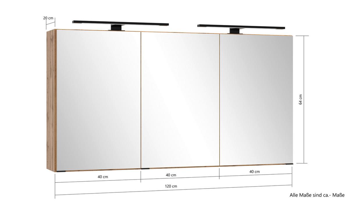 Spiegelschrank Chester mit LED ca. 120x64 cm Eiche Wotan - Eiche Wotan/Schwarz, MODERN, Glas/Holzwerkstoff (120/64/20cm) - Held
