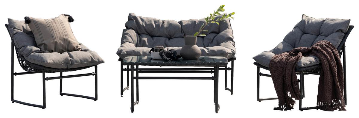 Loungegarnitur Tina 4-tlg. Grau/Schwarz - Schwarz/Grau, KONVENTIONELL, Kunststoff/Textil - Gardenson