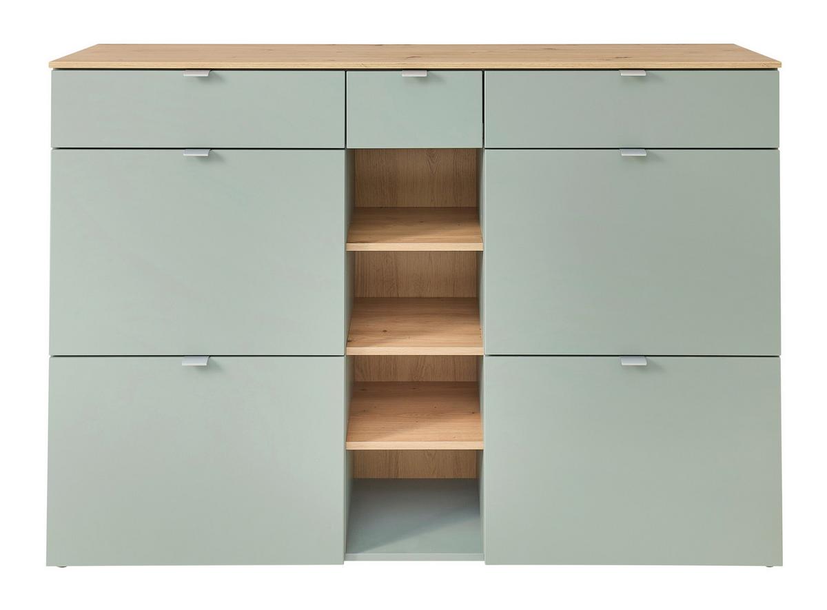 Schuhschrank Bari Eiche Artisan/Schilfgrün - Schilfgrün/Silberfarben, Modern, Holzwerkstoff/Metall (148/103/38cm)