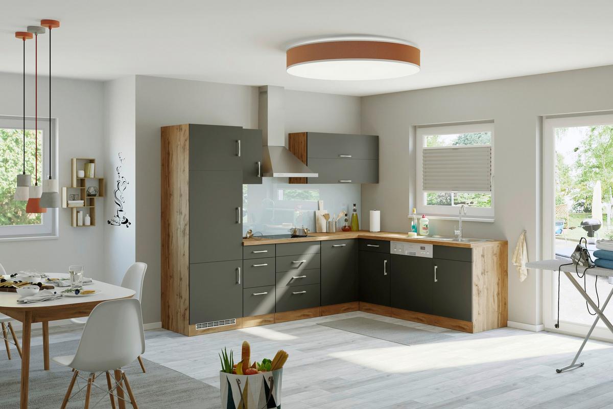 Eckküche Winkelblock ohne Geräte ca. 210x270 cm Grau - Eichefarben/Anthrazit, MODERN, Holzwerkstoff (210/270cm) - Held