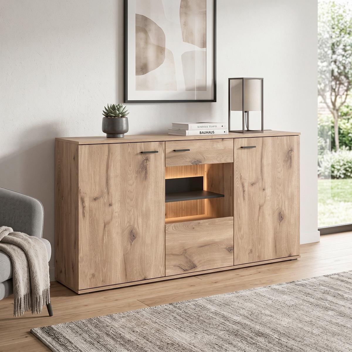 Vitrină Pardoo - culoare lemn stejar/antracit, Trend, sticlă/material pe bază de lemn (160/86,9/50cm) - Modern Living