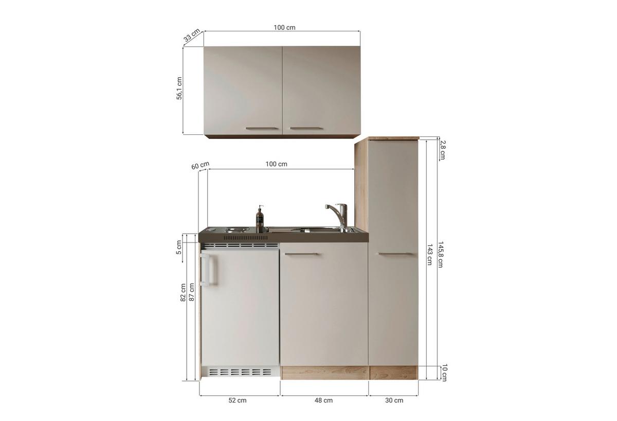 Miniküche Levin m. Geräten B: ca. 100cm Kaschmir - Kaschmir/Eichefarben, Trend, Holzwerkstoff/Kunststoff (130cm) - Respekta
