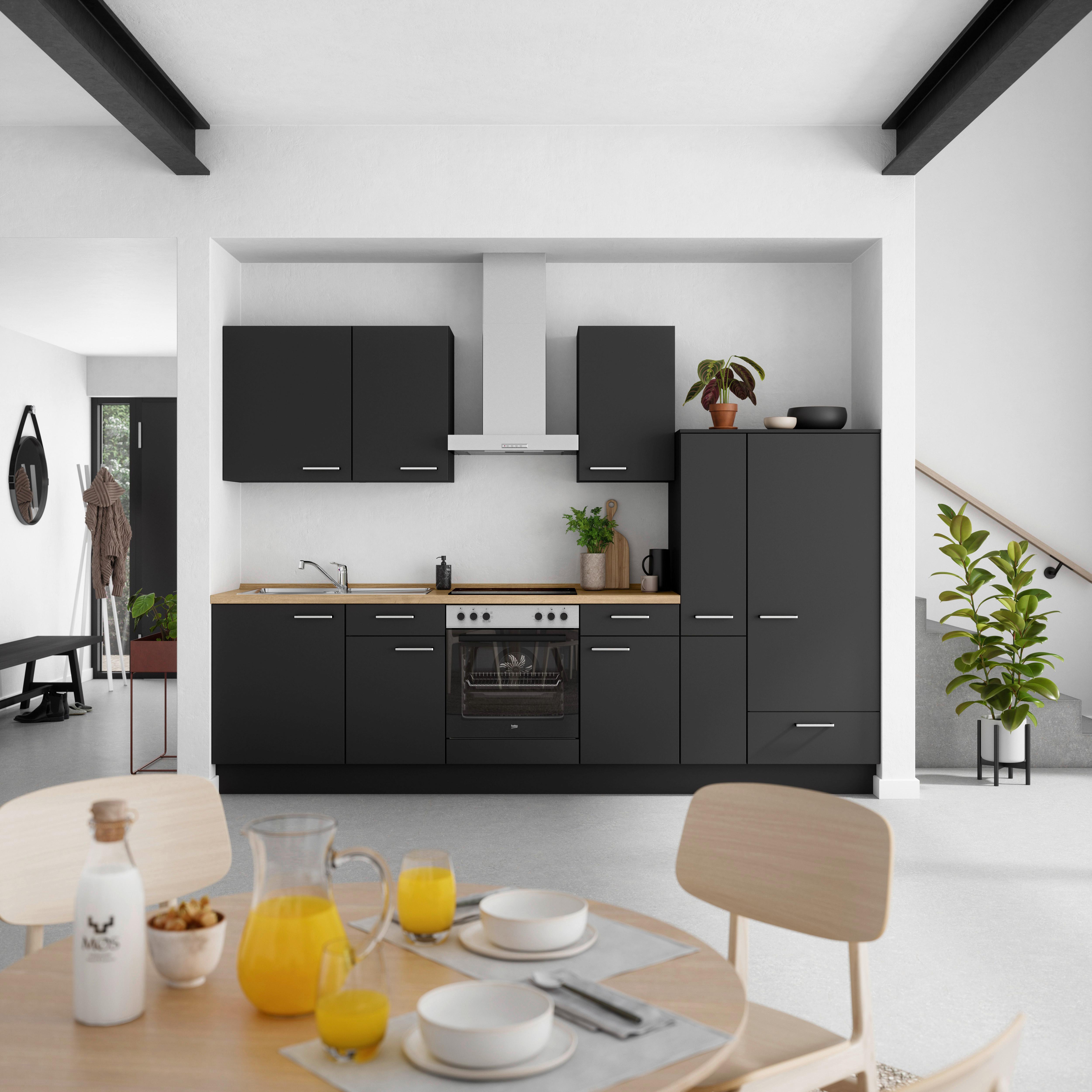 Küchenblock Touch Low m. Geräten Schwarz - Edelstahlfarben/Eichefarben, MODERN, Holzwerkstoff/Metall (300cm) - Nobilia