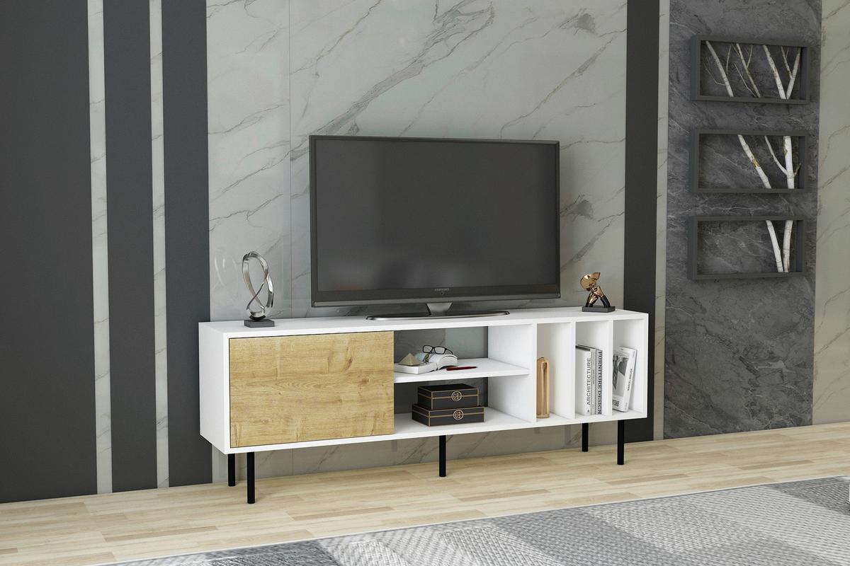 Lowboard Hera ca. 160x57 cm Weiß/Eiche - Eichefarben/Schwarz, Design, Holzwerkstoff/Metall (160/57/35cm) - Livetastic