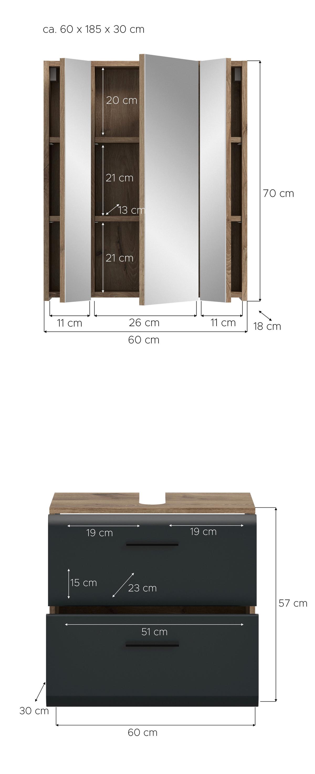 Badezimmer Ice Schwarz/Eiche dunkel 2-teilig - Eiche dunkel/Schwarz, Trend, Glas/Holzwerkstoff (60cm) - MID.YOU