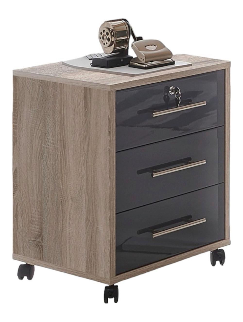 Rollcontainer Office Edition Sonoma Eiche/Anthrazit - Edelstahlfarben/Anthrazit Hochglanz, MODERN, Holzwerkstoff/Kunststoff (44/58/40cm) - MID.YOU