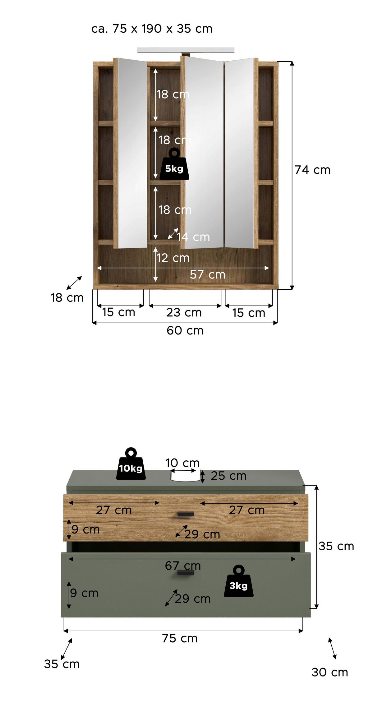 Badezimmer AQUA Grün, Eichefarbn 2-teilig - Eichefarben/Schwarz, Trend, Glas/Holzwerkstoff (75cm) - MID.YOU