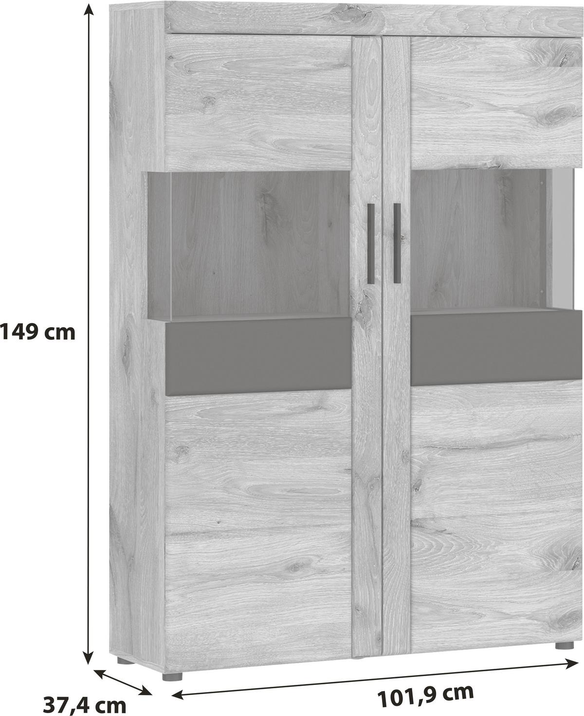 Vitrina Grano, Barva Hrasta, Temno Siva - temno siva/barve hrasta, Trend, umetna masa/steklo (101,9/149/37,4cm)