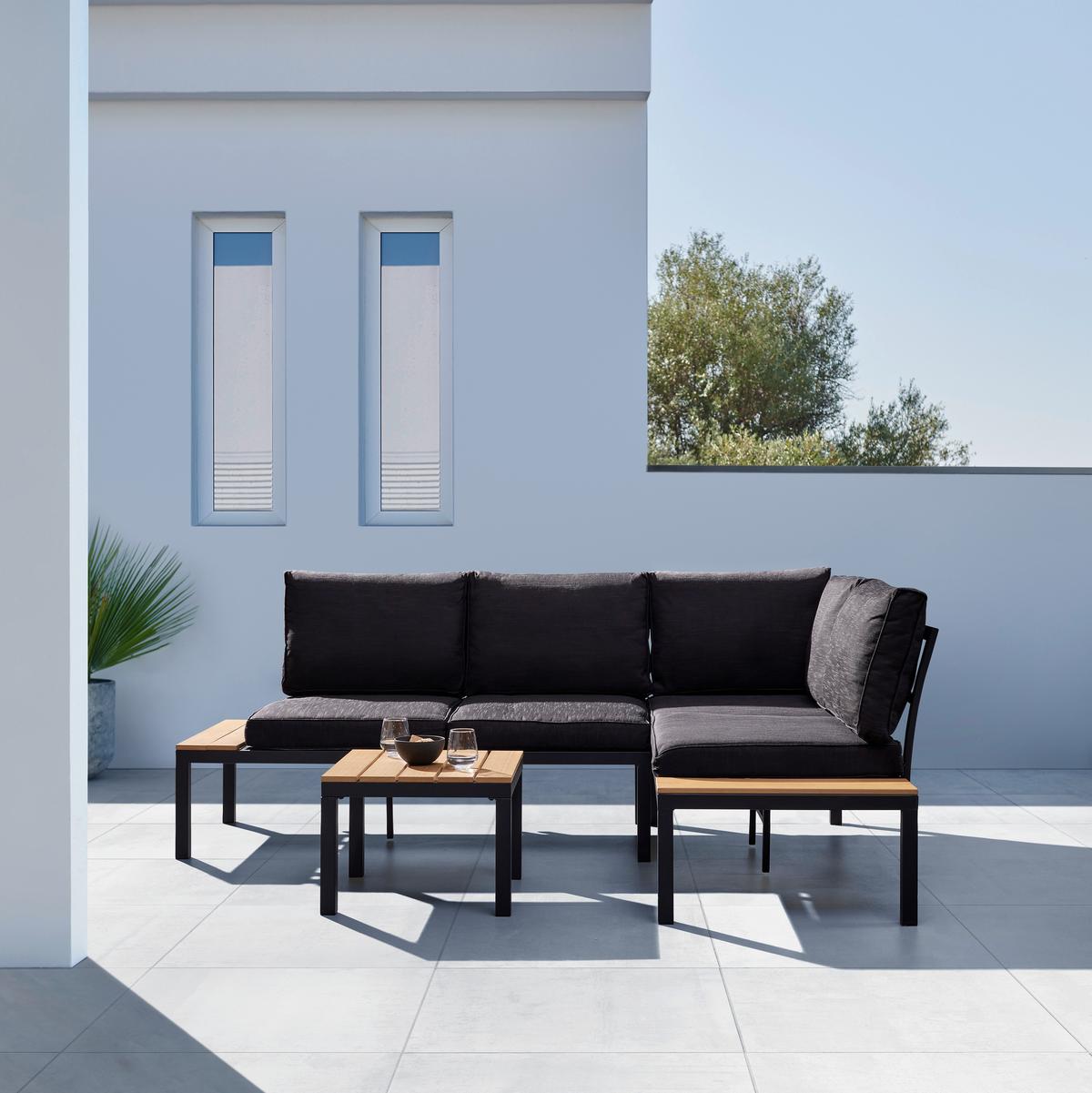Loungegarnitur-Set Arianna Schwarz Metall/Outdoorstoff - Schwarz, MODERN, Kunststoff/Textil (146/76/75cm) - Bessagi Garden