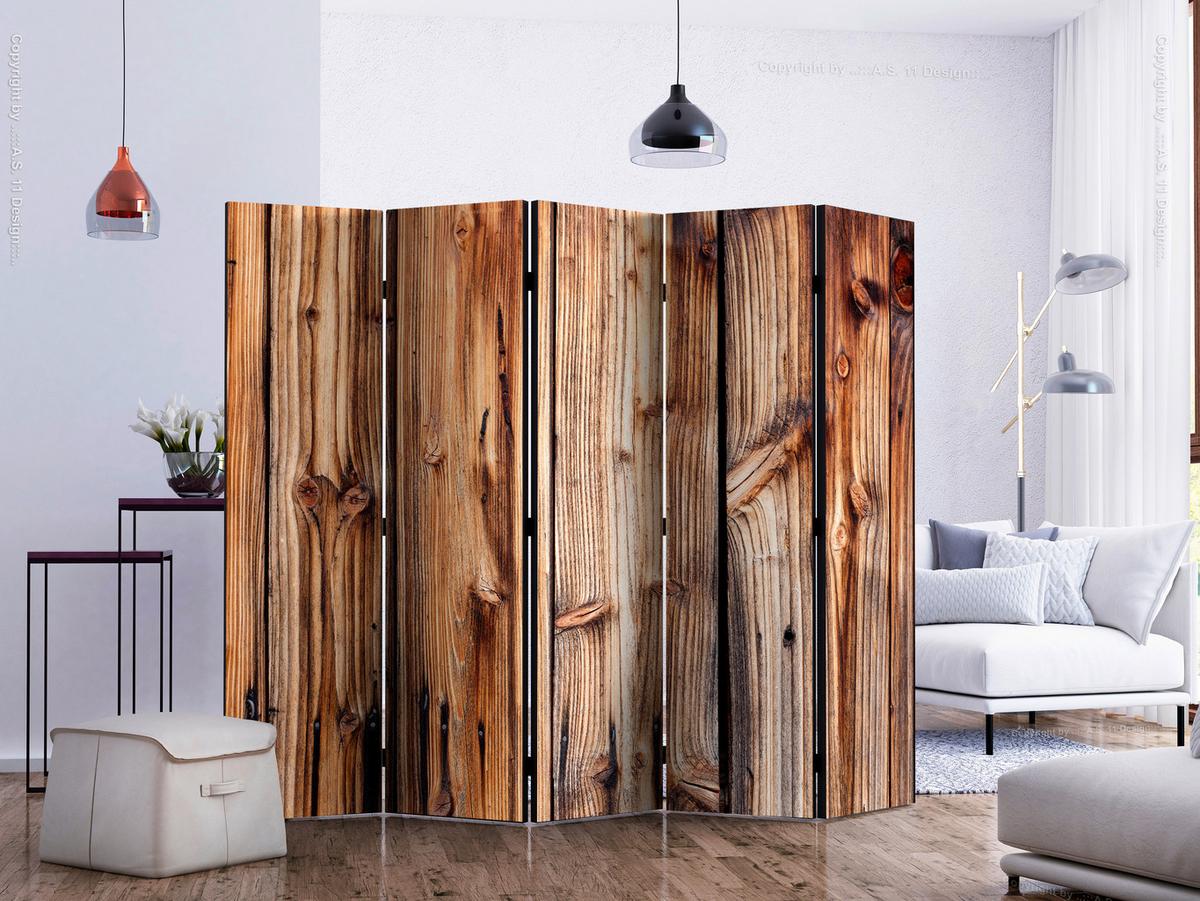 Paravan Wooden Chamber I, 5-Delni, Enostranski - bež/rjava, Basics, tekstil/les (225/172/3cm) - artgeist