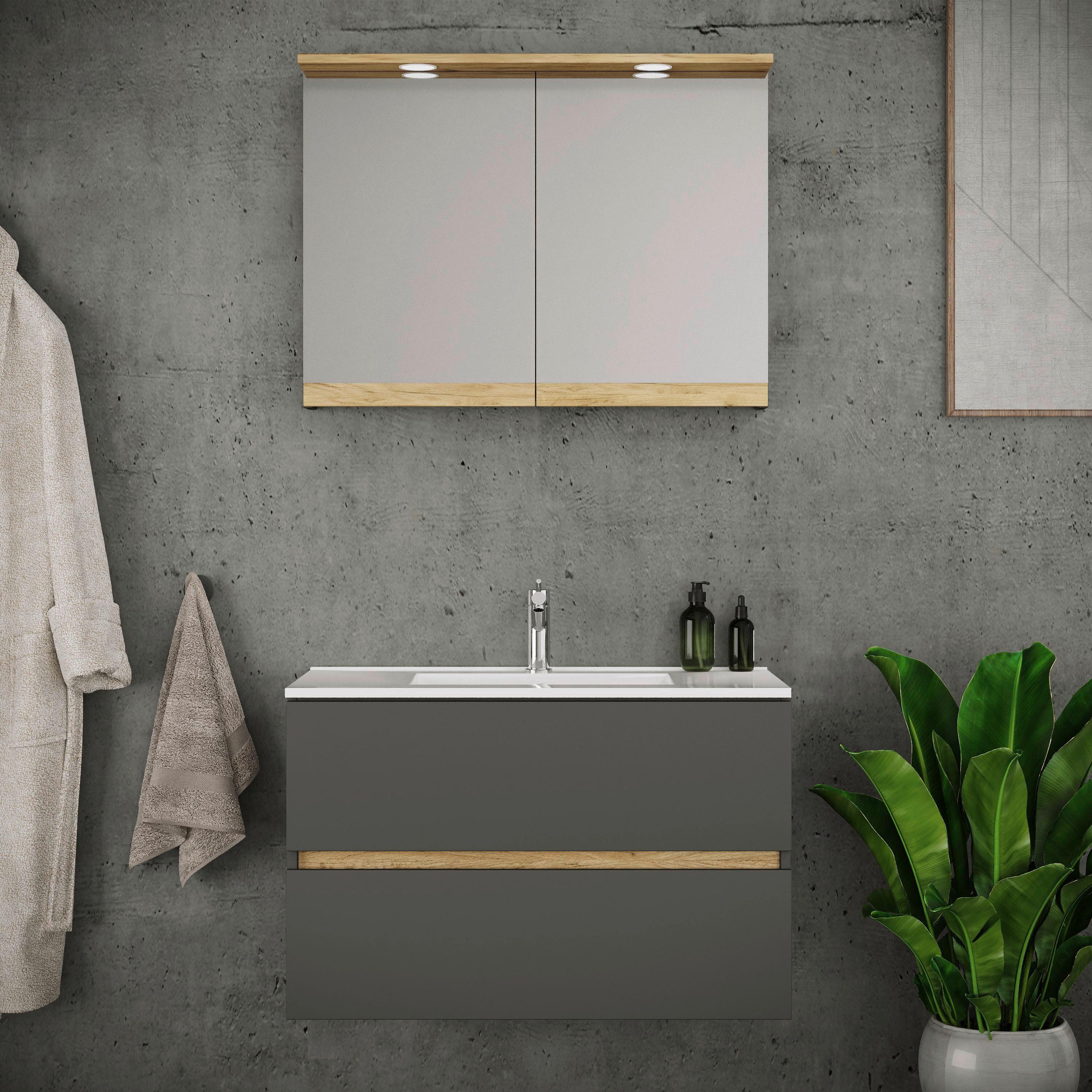 Badezimmer Cosila - Honigeiche/Weiss, Trend, Keramik/Holzwerkstoff (110cm) - MID.YOU