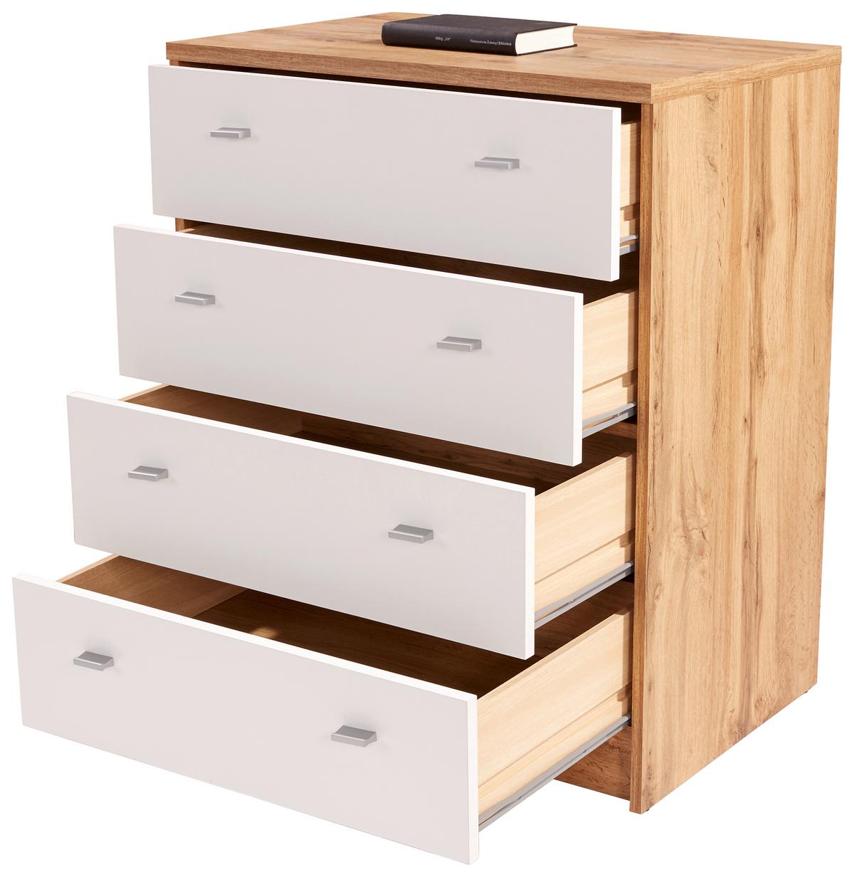 Komód 4 Fiók Tölgy-fehér Szín 4-You - krómszínű/tölgyfa színű, Modern, faalapú anyag (74/85,4/44,5cm)