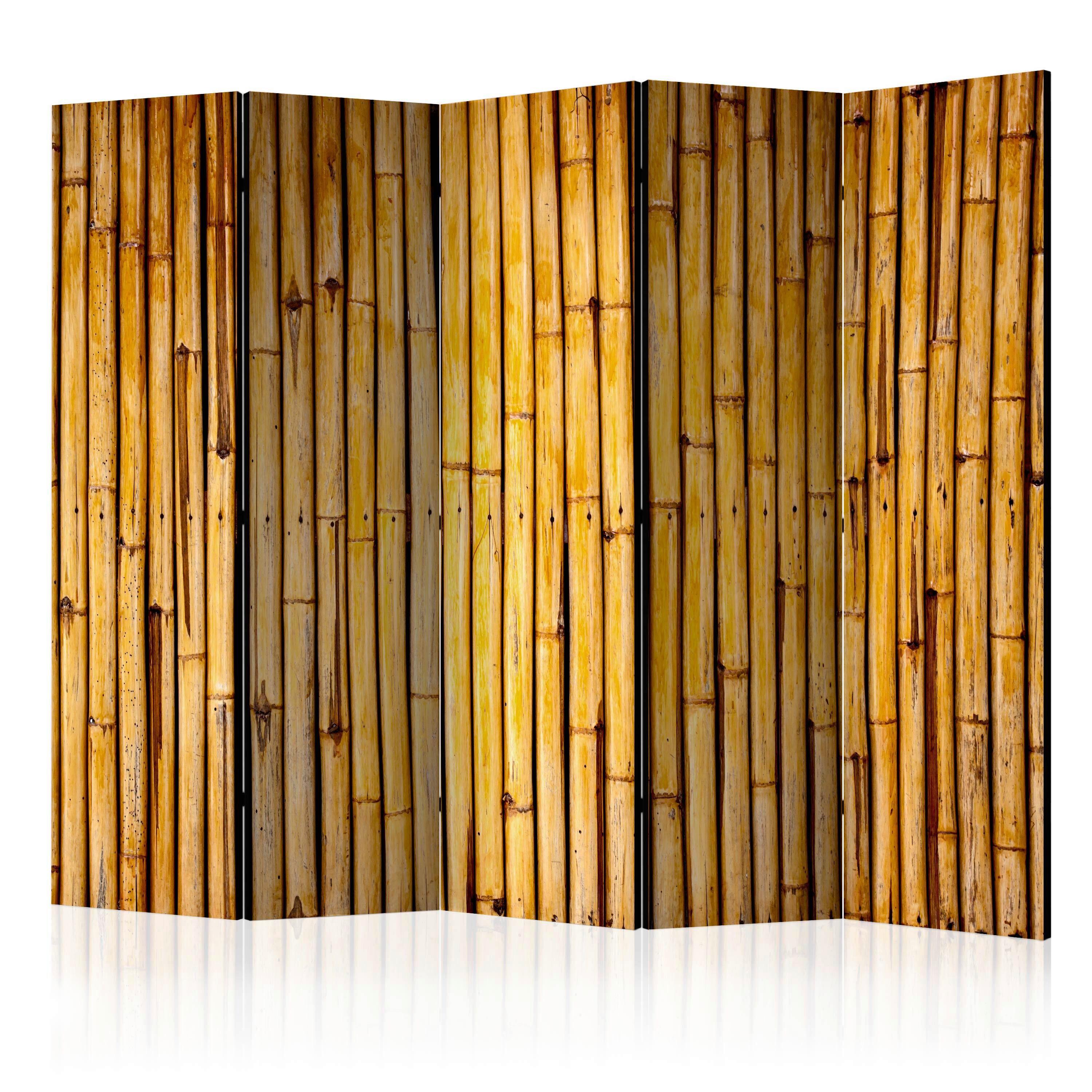 Paravan Bamboo Garden I, 5-Delni, Dvostranski - svetlo rjava/rumena, Basics, tekstil/les (225/172/3cm) - artgeist
