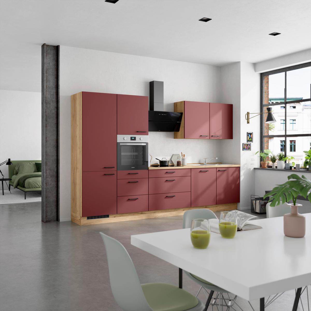 Küchenblock Easytouch High m. Geräten Dunkelrot - Eichefarben/Schwarz, MODERN, Holzwerkstoff/Metall (330cm) - Nobilia