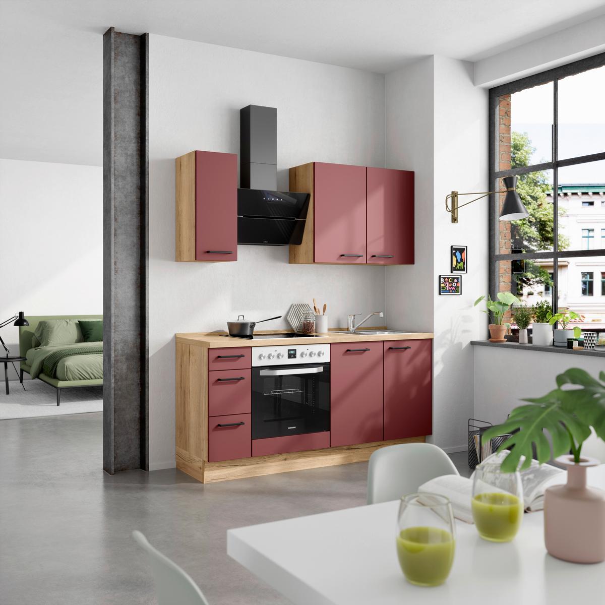 Küchenblock Easytouch High m. Geräten Dunkelrot - Eichefarben/Schwarz, MODERN, Holzwerkstoff/Metall (180cm) - Nobilia