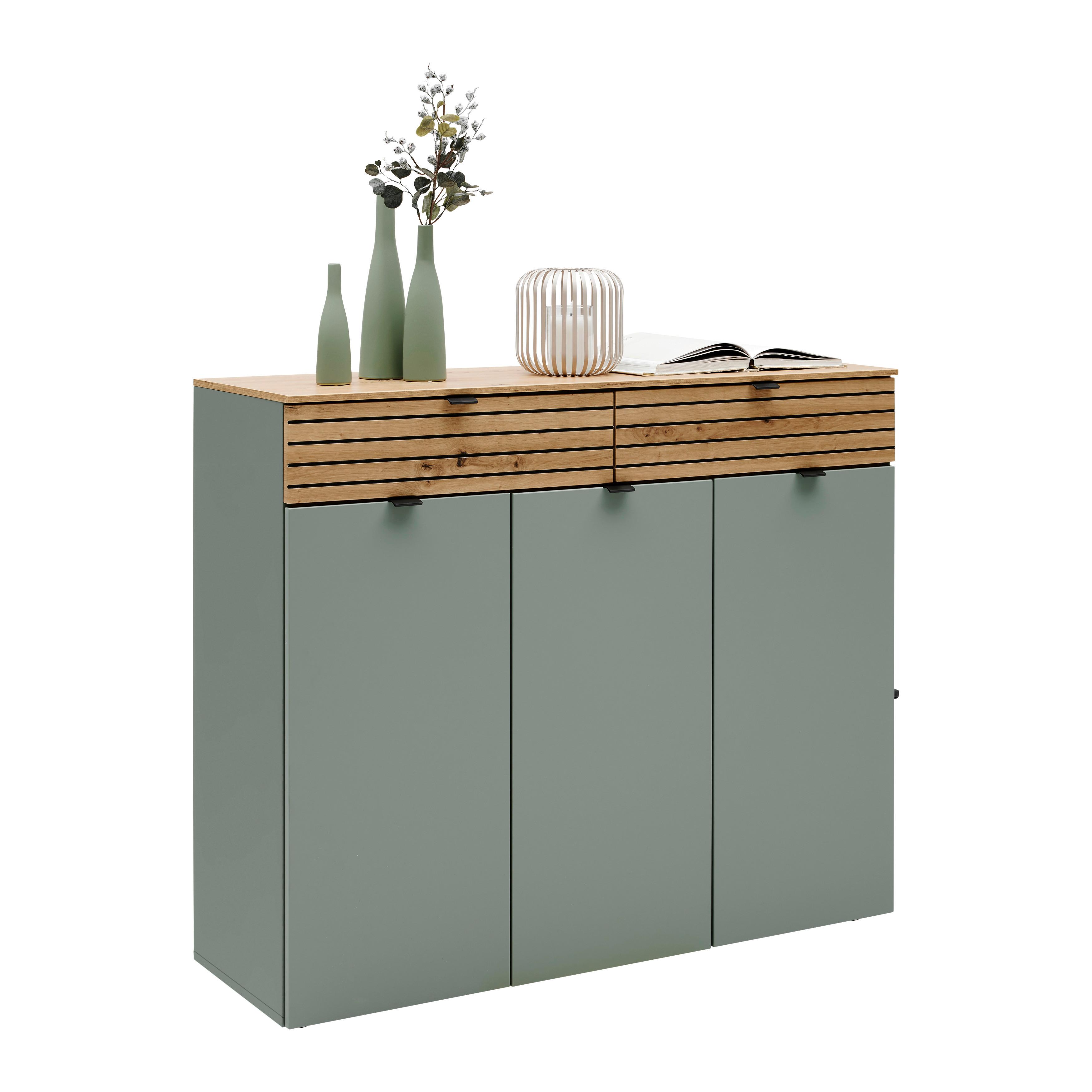 Kommode Bahia-M Grün/Eiche Artisan - Schilfgrün/Schwarz, MODERN, Holzwerkstoff/Metall (122/101/41cm) - Mömax