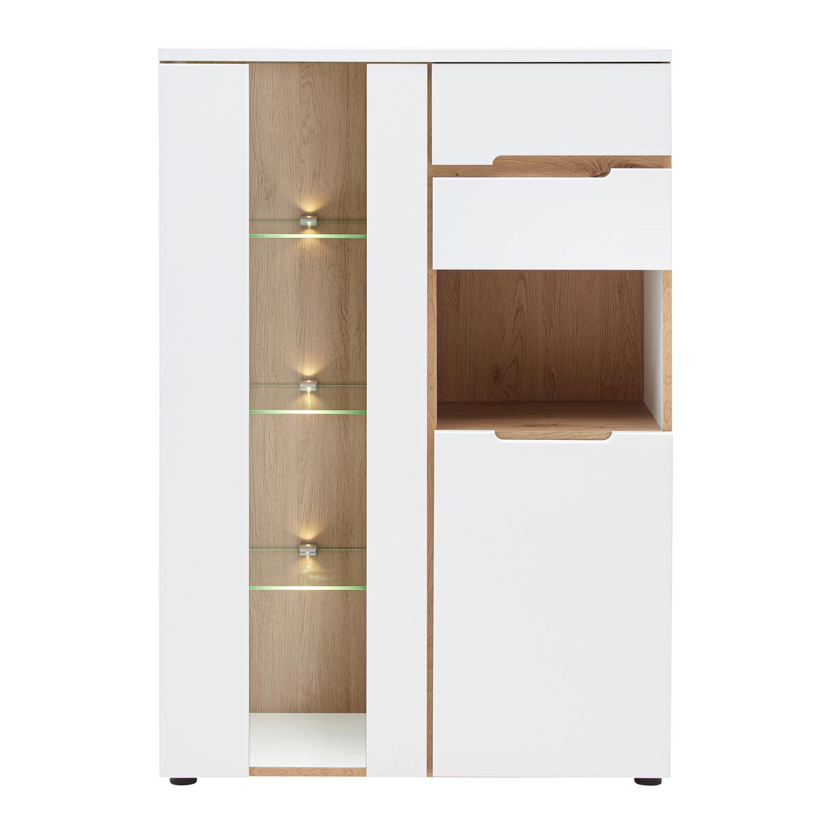 Vitrine Dallas Weiss/Eiche Artisan - Weiss/Schwarz, Modern, Holzwerkstoff (85/127/38cm) - Premium Living