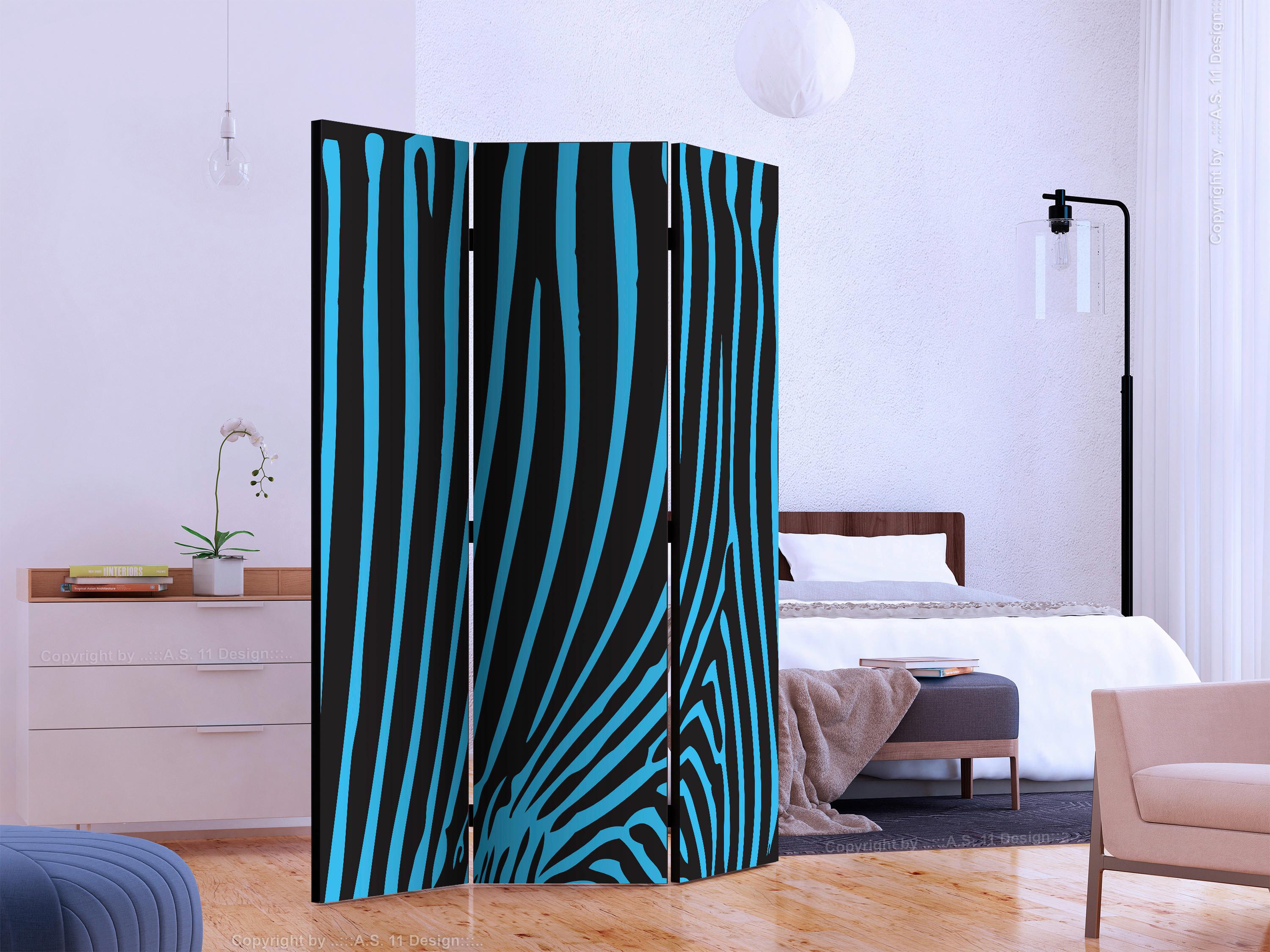 Paravan Zebra Pattern, 3-Delni, Dvostranski - modra/črna, Basics, tekstil/les (135/172/3cm) - artgeist