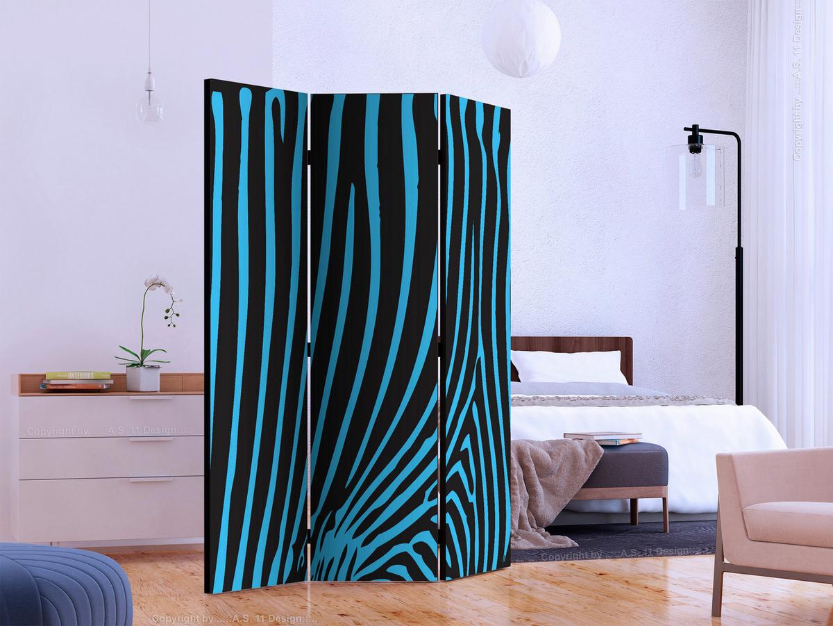 Paravan Zebra Pattern, 3-Delni, Dvostranski - modra/črna, Basics, tekstil/les (135/172/3cm) - artgeist