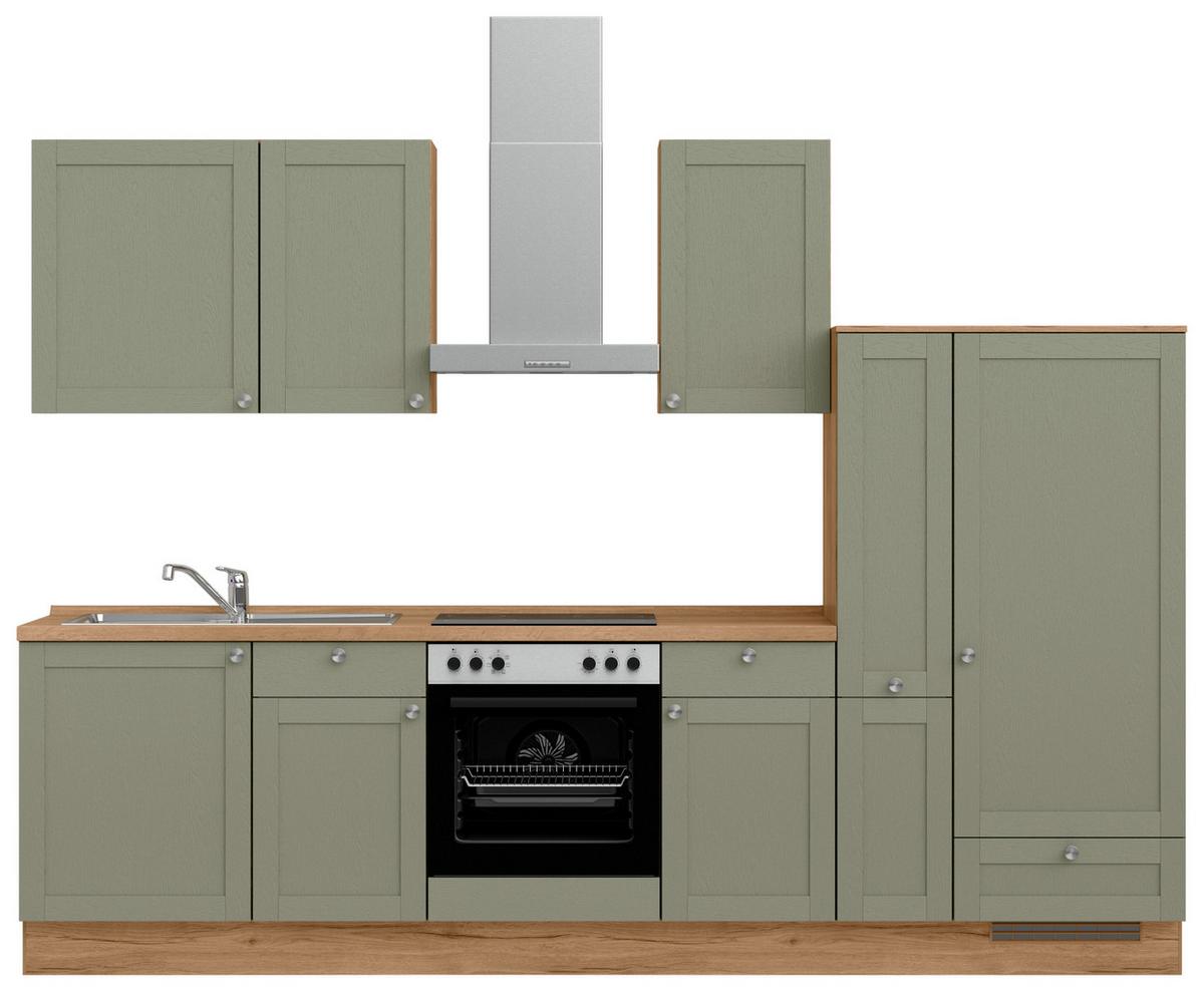 Küchenleerblock Frame Low o. Geräte Olivgrün - Edelstahlfarben/Eichefarben, MODERN, Holzwerkstoff/Metall (300cm) - Nobilia