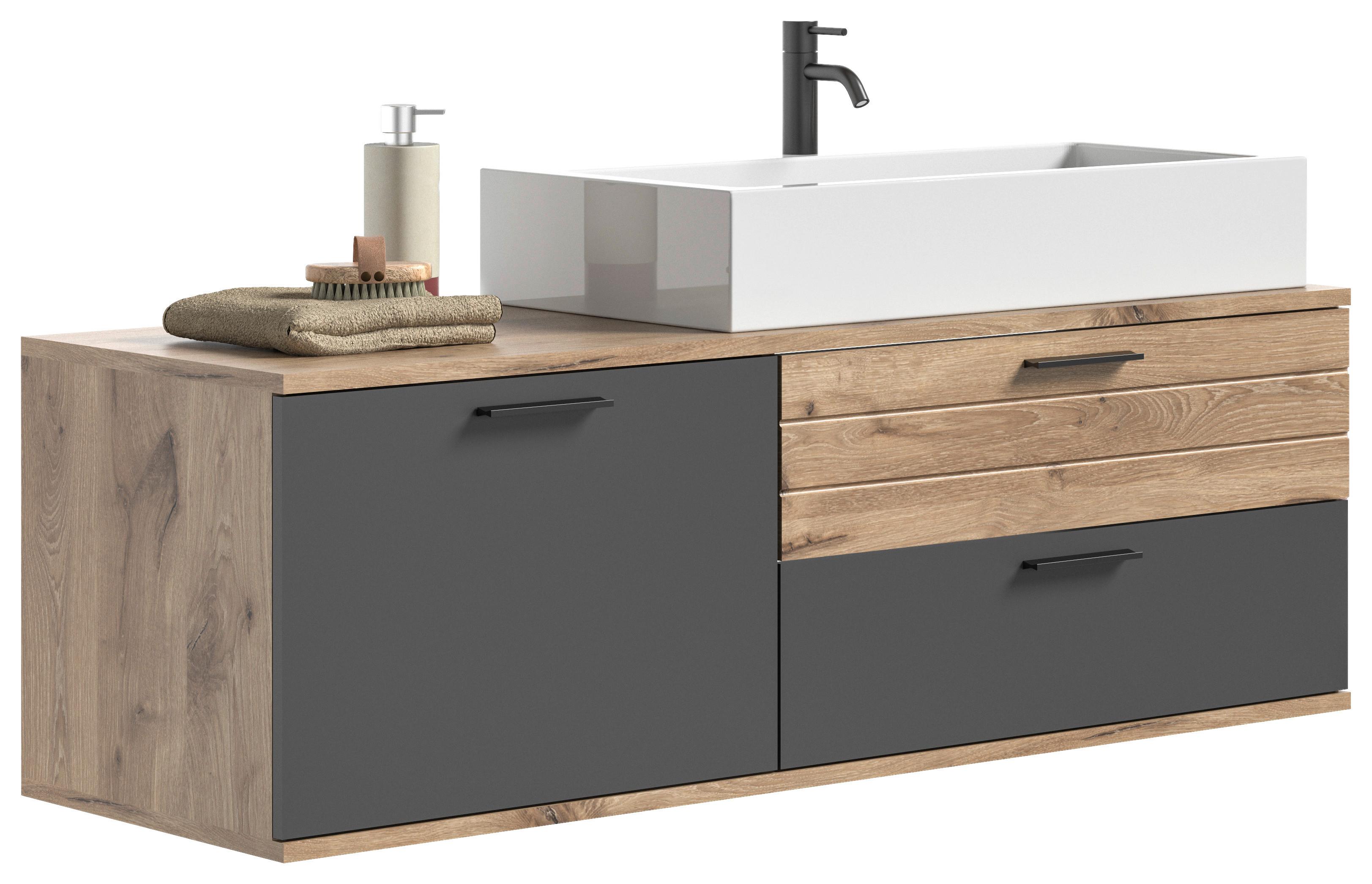 Waschbecken mit Unterschrank Mason ca. 140 cm Eiche/Grau - Eichefarben/Schwarz, MODERN, Holzwerkstoff/Kunststoff (140cm) - MID.YOU