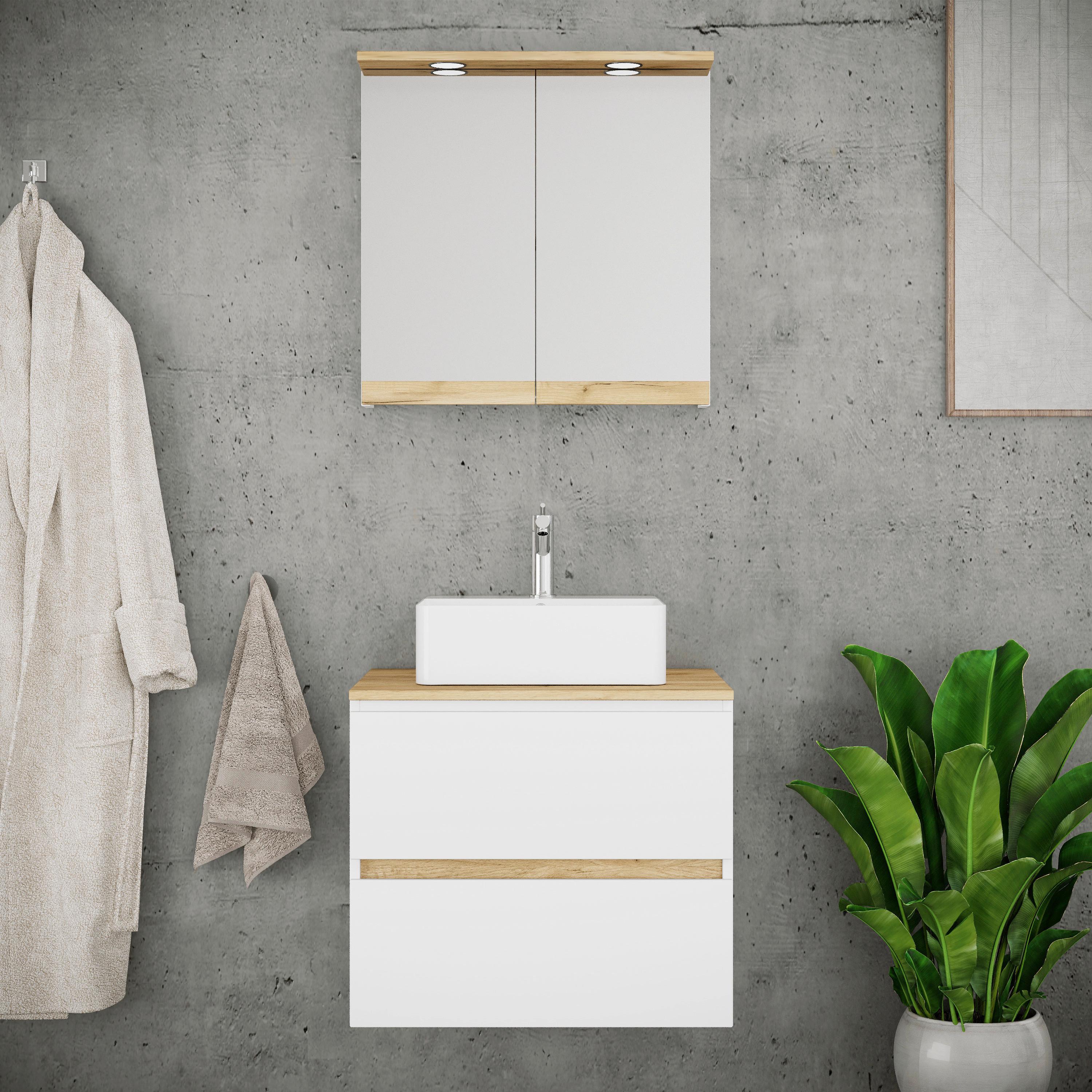 Badezimmer Cosila - Honigeiche/Weiss, Trend, Keramik/Holzwerkstoff (60cm) - MID.YOU