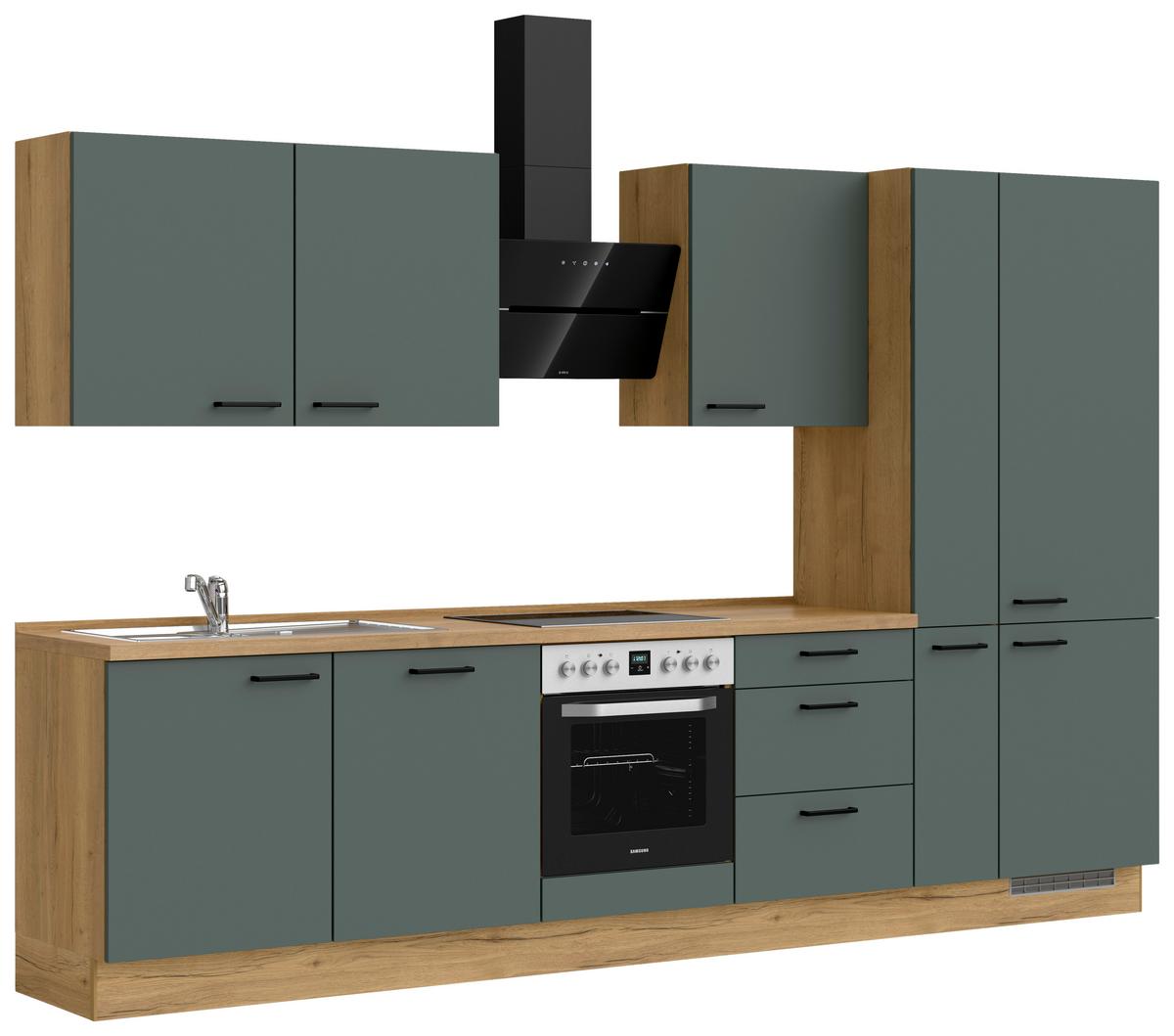 Küchenblock Easytouch High m. Geräten Dunkelgrün - Dunkelgrün/Eichefarben, MODERN, Holzwerkstoff/Metall (330cm) - Nobilia
