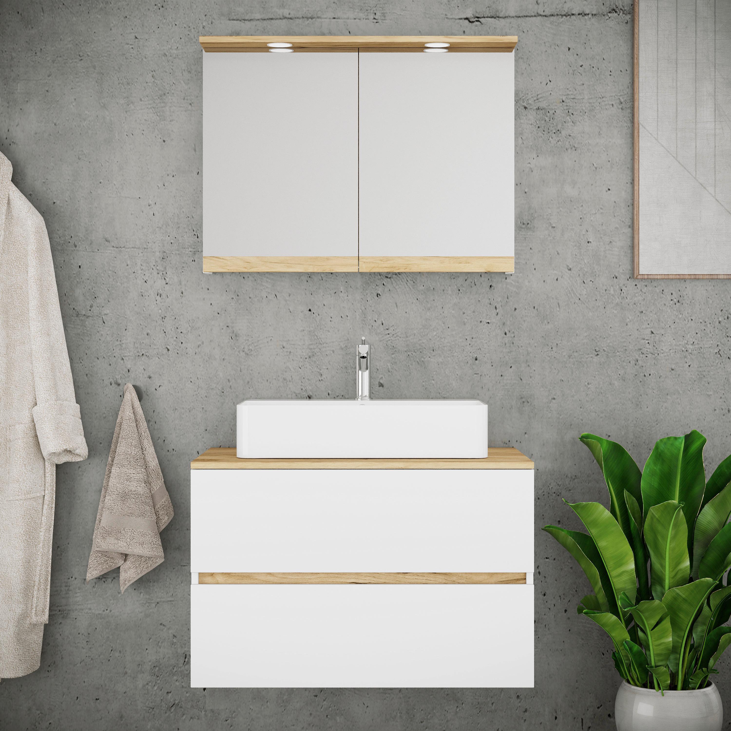 Badezimmer Cosila - Honigeiche/Weiss, Trend, Keramik/Holzwerkstoff (80cm) - MID.YOU