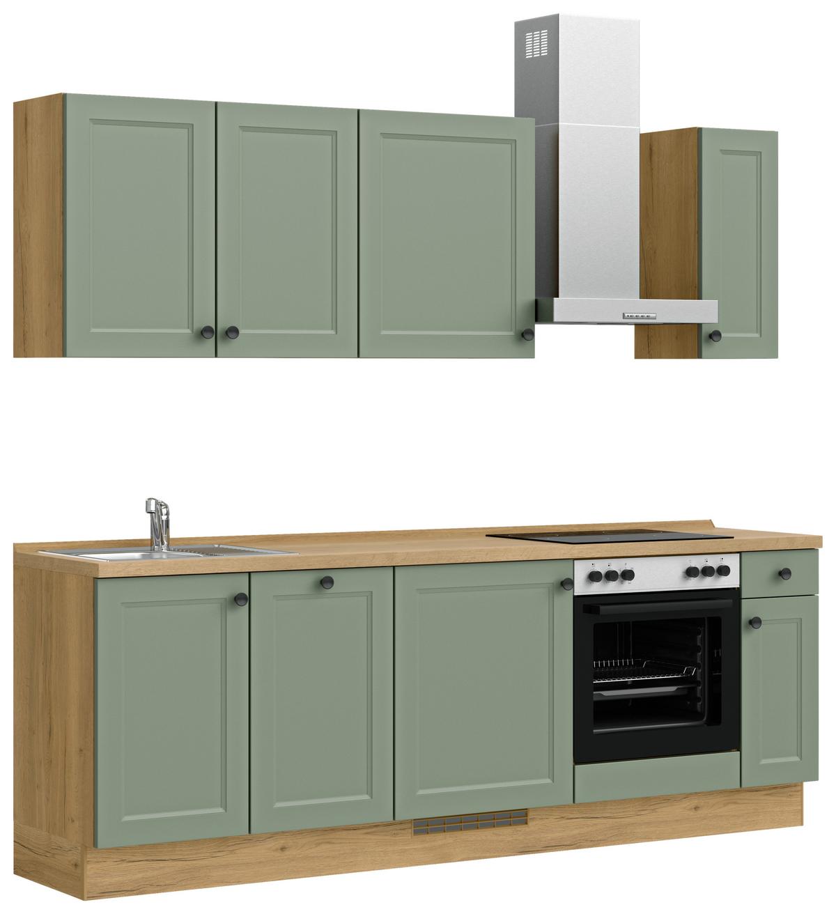 Küchenblock Cascada Low m. Geräten Schilfgrün - Schilfgrün/Eichefarben, MODERN, Holzwerkstoff/Metall (240cm) - Nobilia