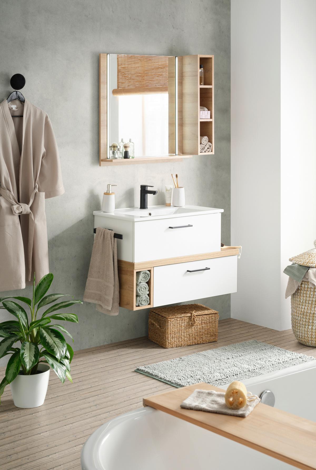 Badezimmer in Weiß inkl. Beleuchtung - Eichefarben/Weiß, MODERN, Keramik/Holzwerkstoff (88cm) - Pelipal