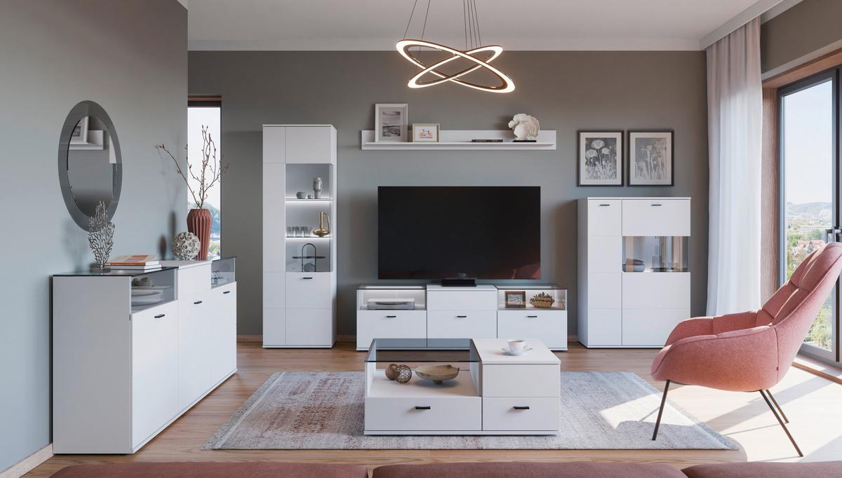 Comodă TV RION - alb, Modern, sticlă/material pe bază de lemn (180/53/50cm) - Modern Living