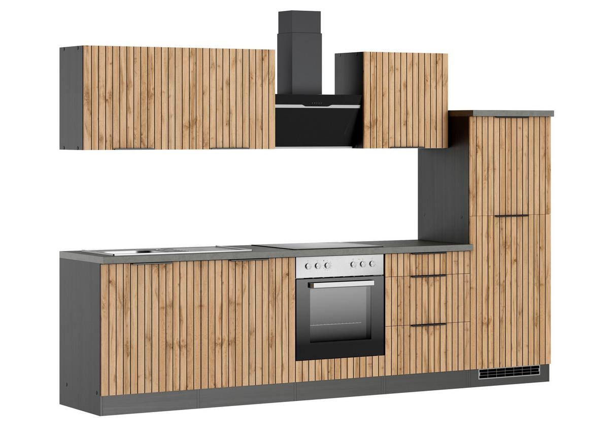 Küchenblock Liverpool m. Geräte Graphit/Eichefarben - Schieferfarben/Eiche Wotan, Basics, Holzwerkstoff/Metall (300cm) - Held
