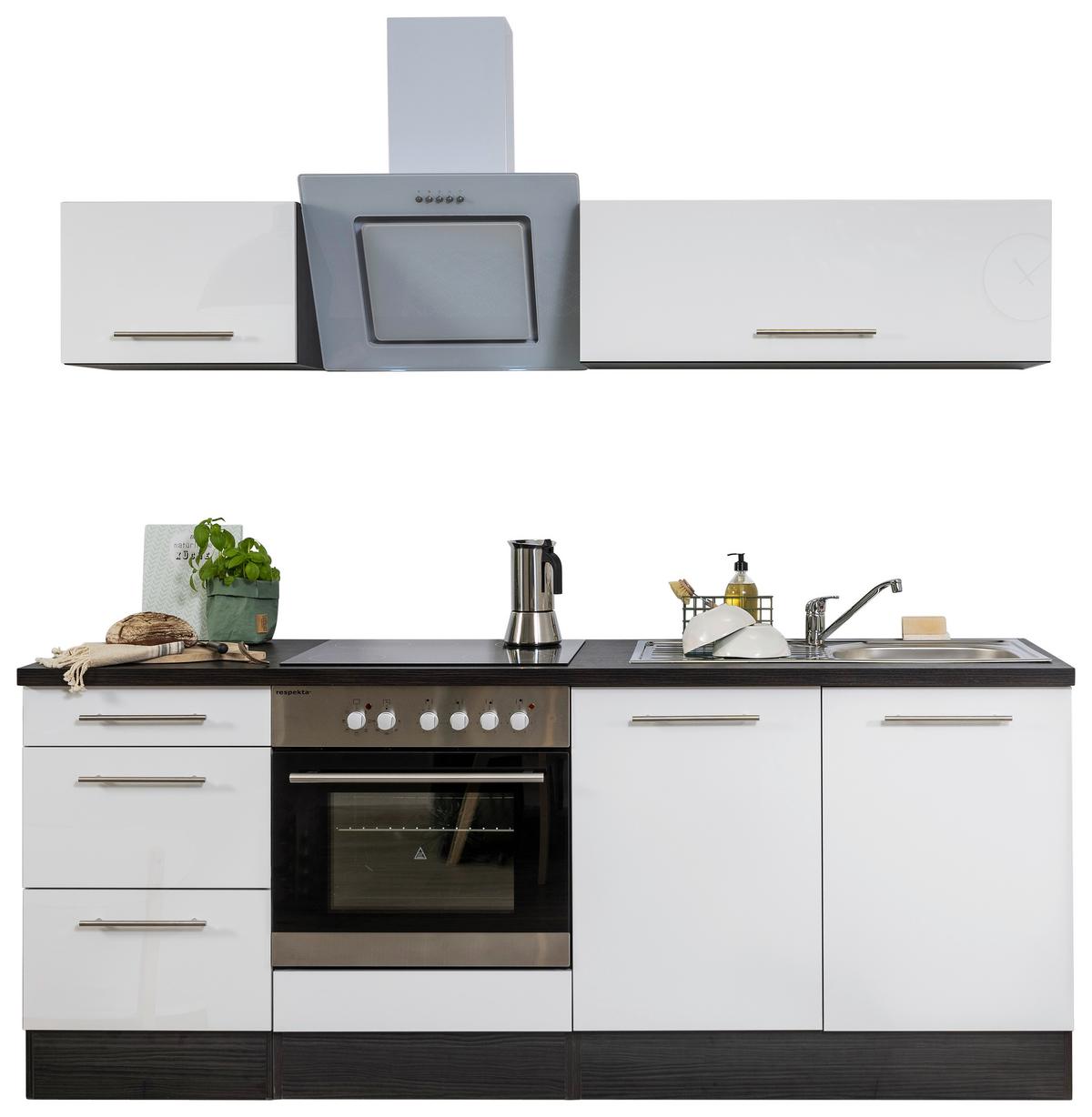 Küchenblock Weiß Hochglanz/ Grau m. Geräte B: ca. 210 cm - Alufarben/Weiß, Basics, Holzwerkstoff (210cm) - Respekta