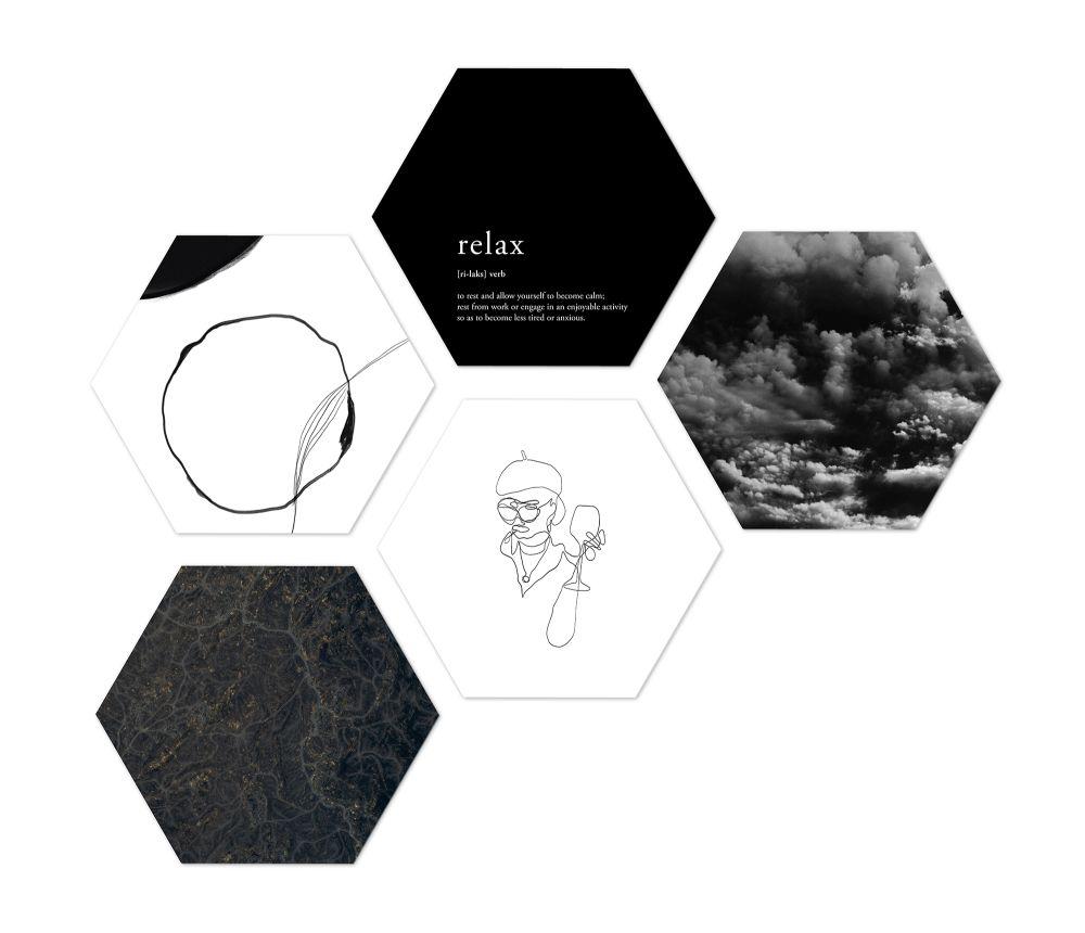 Bild Hexagon, 5er Set - Weiss/Schwarz, Kunststoff (30cm) - Modern Living