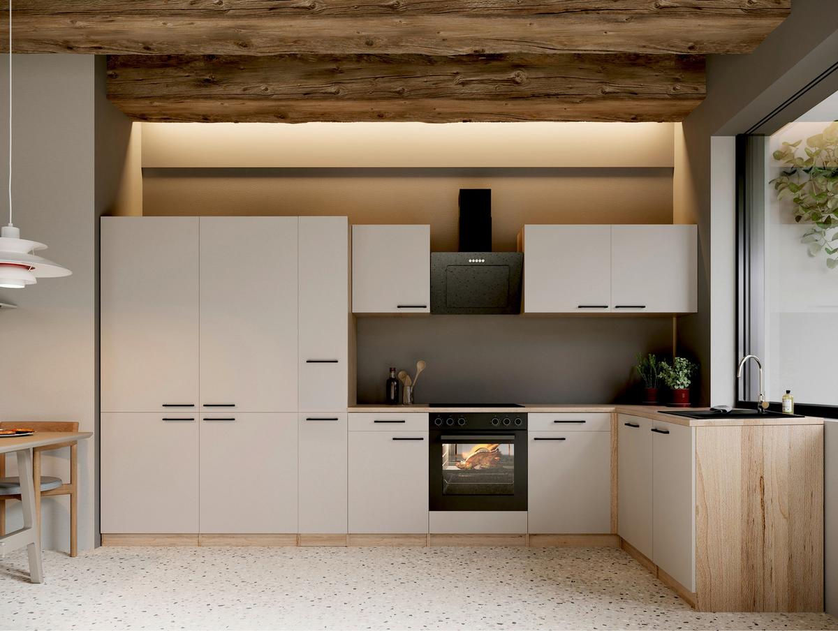 Eckküche Merle m. Geräten ca. 370x172cm Kaschmir - Kaschmir/Eichefarben, Trend, Holzwerkstoff/Metall (370/172cm) - Respekta