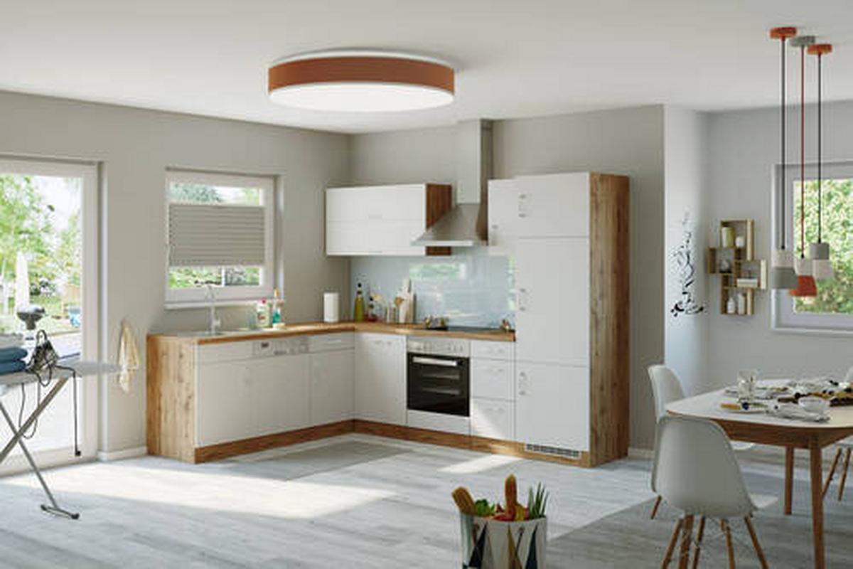Eckküche Winkelblock ohne Geräte ca. 210x270cm Weiß - Eichefarben/Weiß, MODERN, Holzwerkstoff (210/270cm) - Held