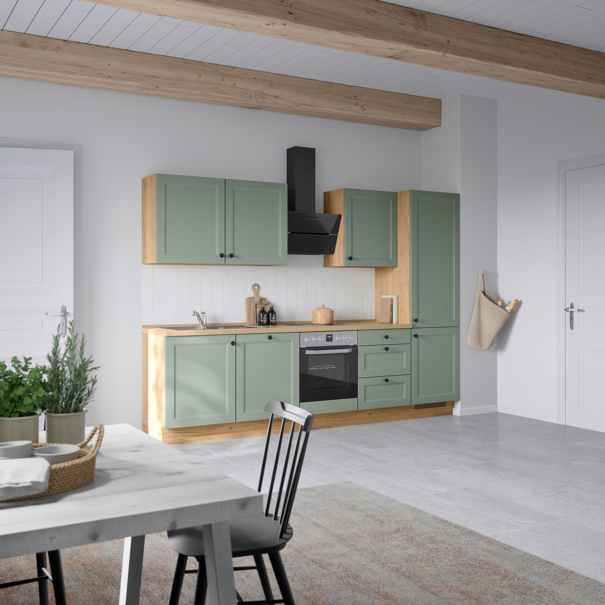 Küchenblock Cascada High m. Geräten Schilfgrün - Schilfgrün/Eichefarben, MODERN, Holzwerkstoff/Metall (300cm) - Nobilia