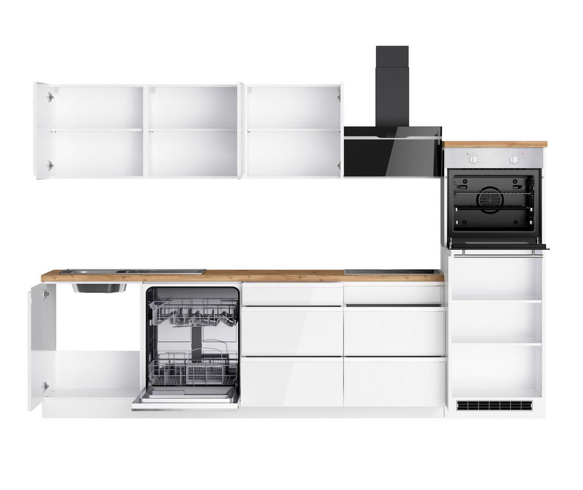 Küchenzeile Monza mit Geräten ca. 300 cm Weiß/Eiche - Weiß Hochglanz/Eiche Wotan, LIFESTYLE, Holzwerkstoff (300cm) - Held