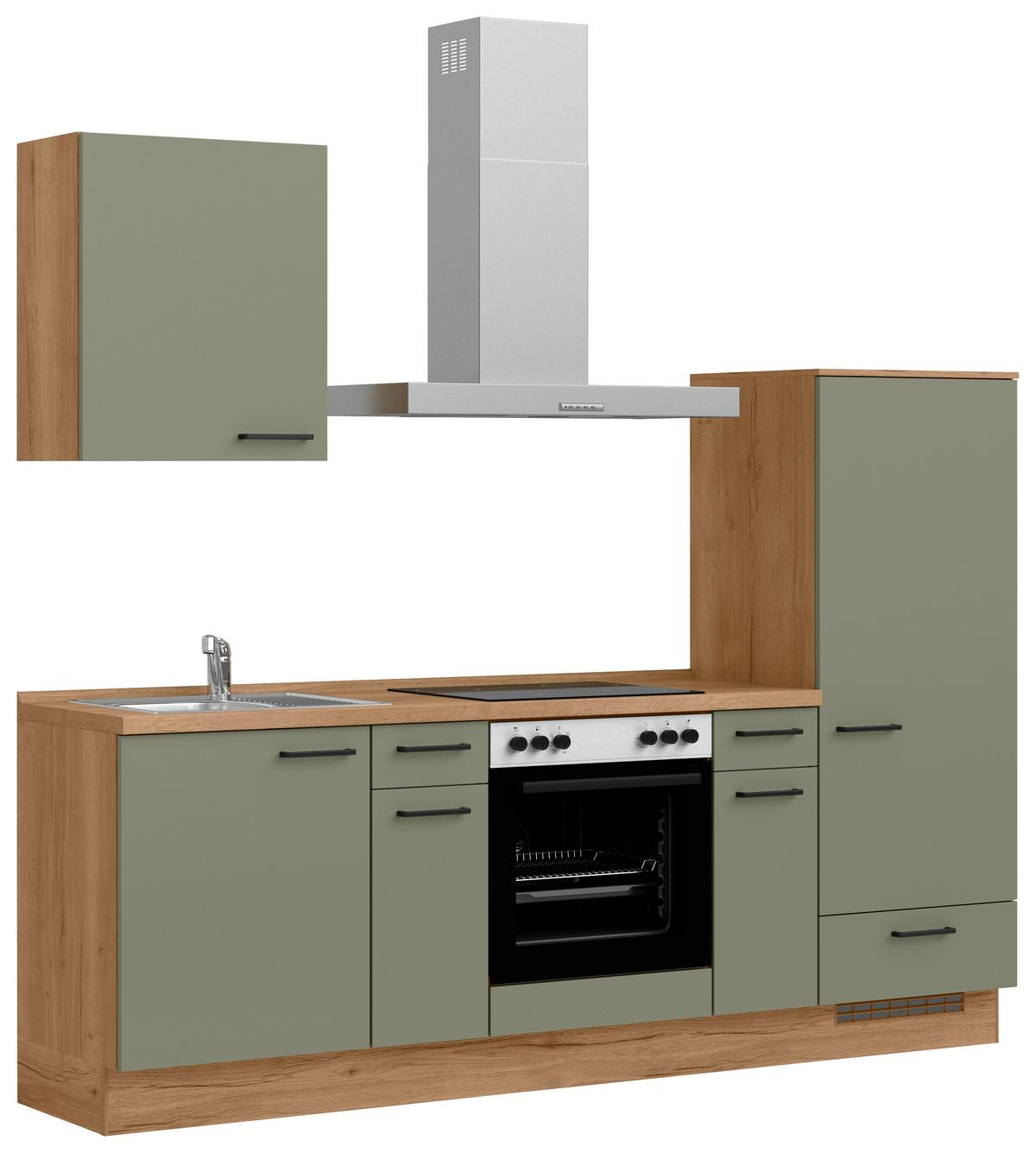 Küchenleerblock Senso Low o. Geräte Olivgrün - Eichefarben/Schwarz, MODERN, Holzwerkstoff/Metall (240cm) - Nobilia