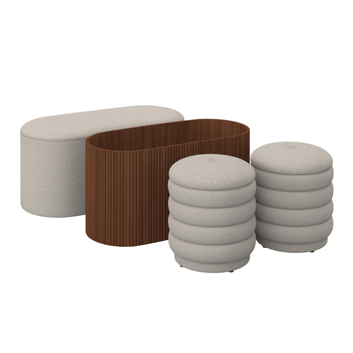 Sitzbank Nina mit Stauraum inkl. 2 Hocker Bouclé Weiß - Naturfarben/Weiß, MODERN, Holz/Holzwerkstoff - Bessagi Home