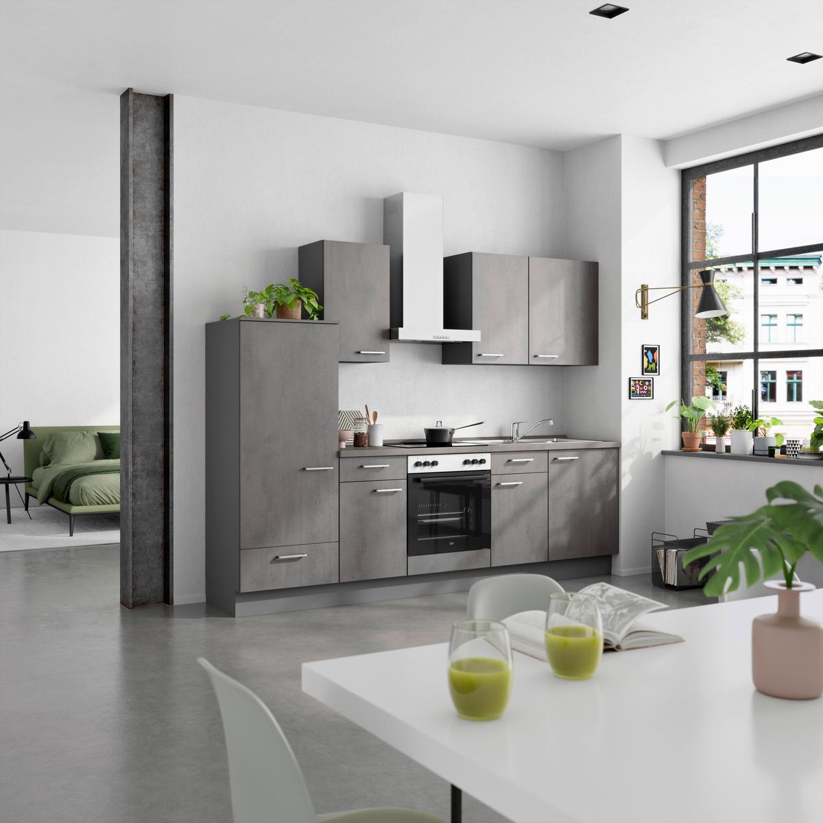 Küchenblock Riva Low m. Geräten Schieferfarben - Schieferfarben/Edelstahlfarben, MODERN, Holzwerkstoff/Metall (270cm) - Nobilia